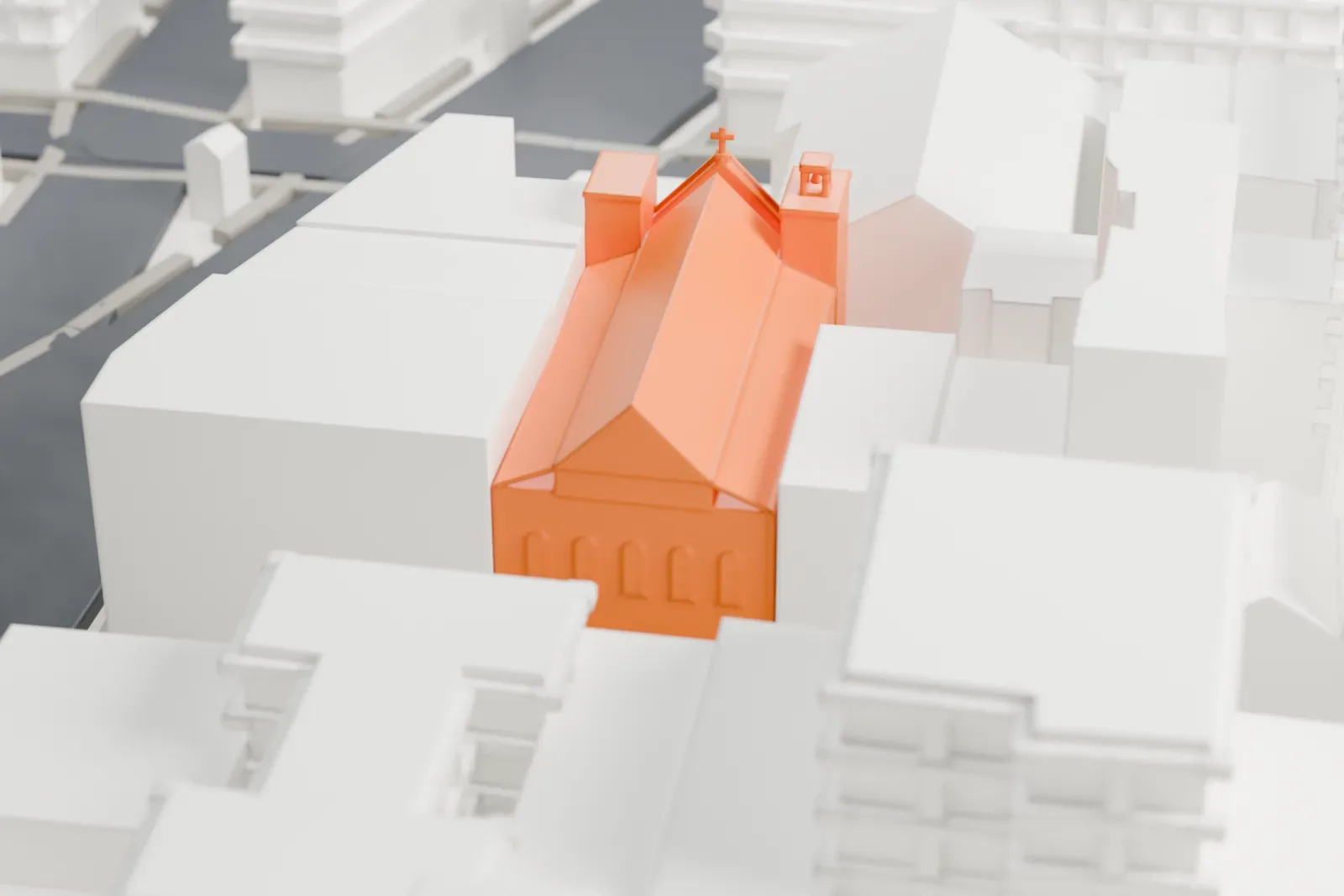 A white 3D print of the Church of the Most Precious Blood, a gable-roofed church with small turrets, tucked among much taller buildings in a dense city block.