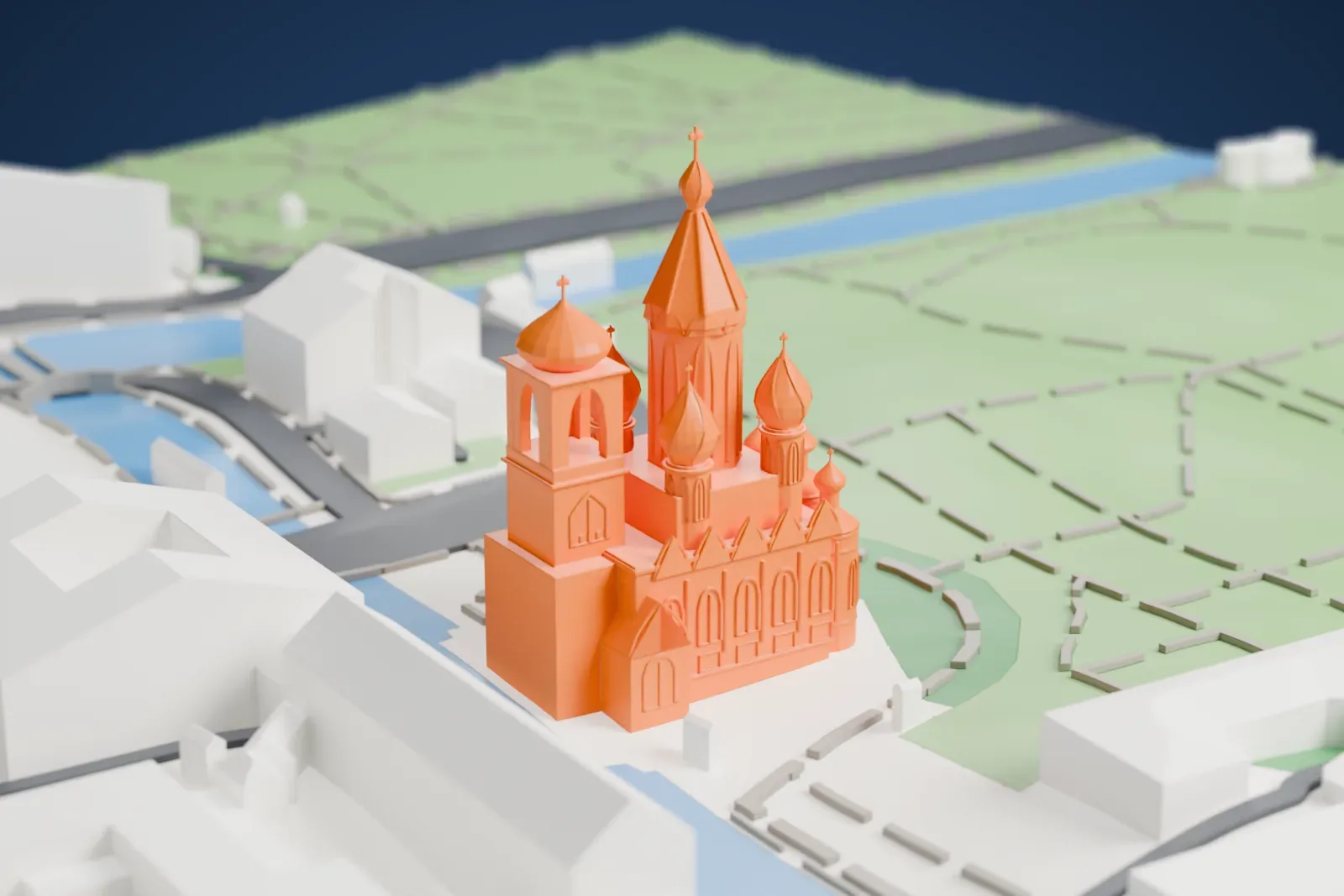 A white 3D print of the Church of the Savior on Spilled Blood, a church with a tall central tent roof, several onion domes and a bell tower, beside water and a green park.