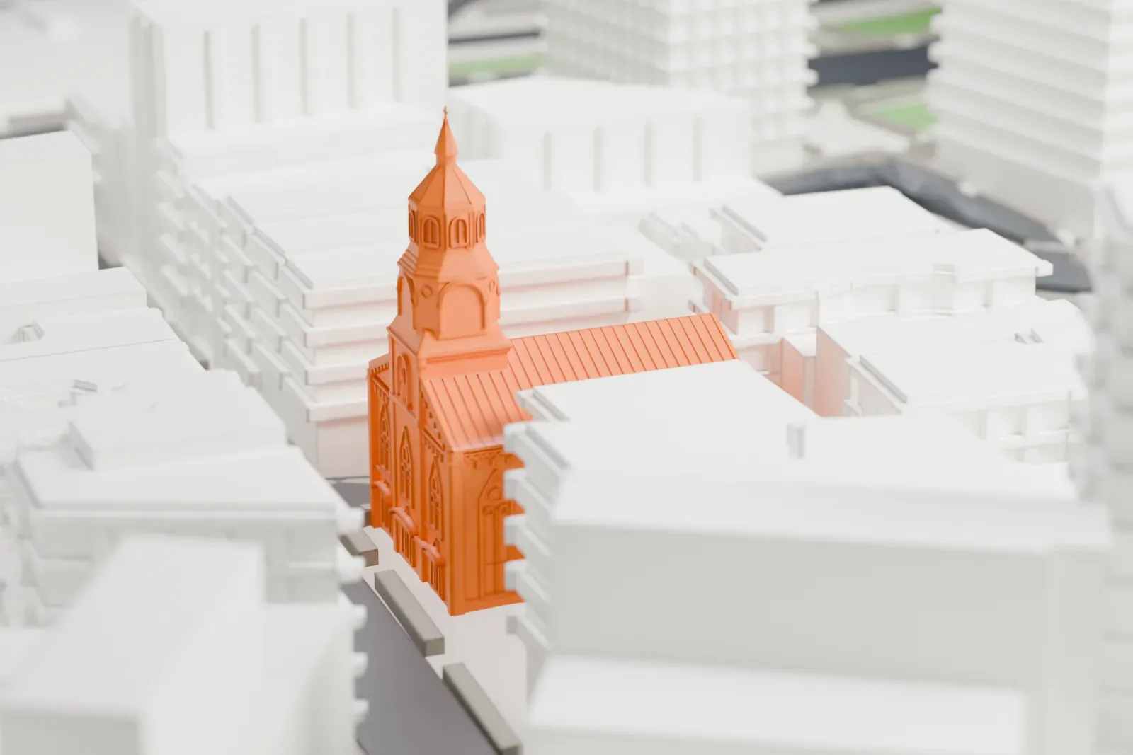 A white 3D print of the Church of the Transfiguration, a church with a ribbed roof and an octagonal bell tower with a slender spire, hemmed in by dense blocks of buildings.