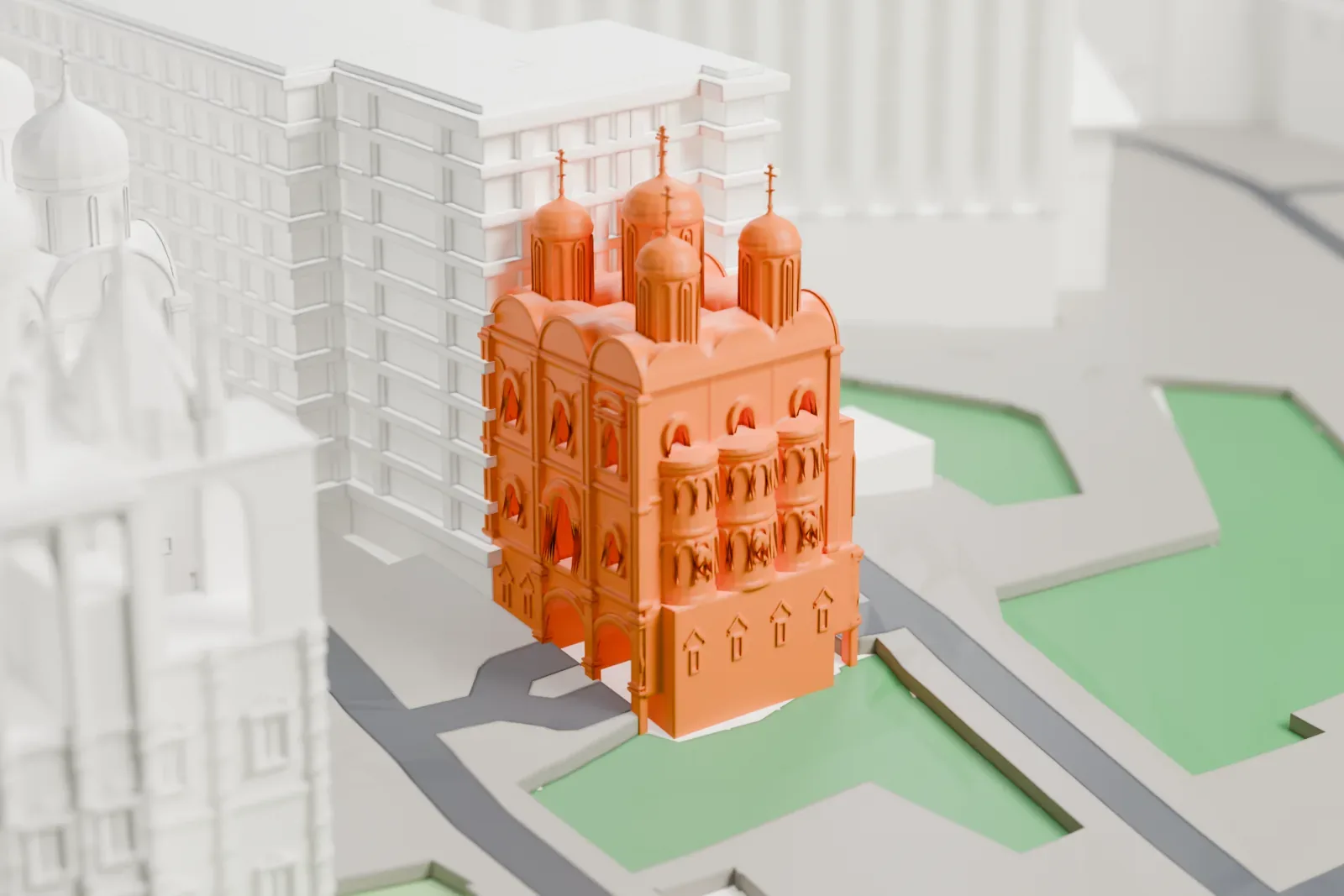 A white 3D print of the Church of the Twelve Apostles, a five-domed church, among surrounding streets and buildings.