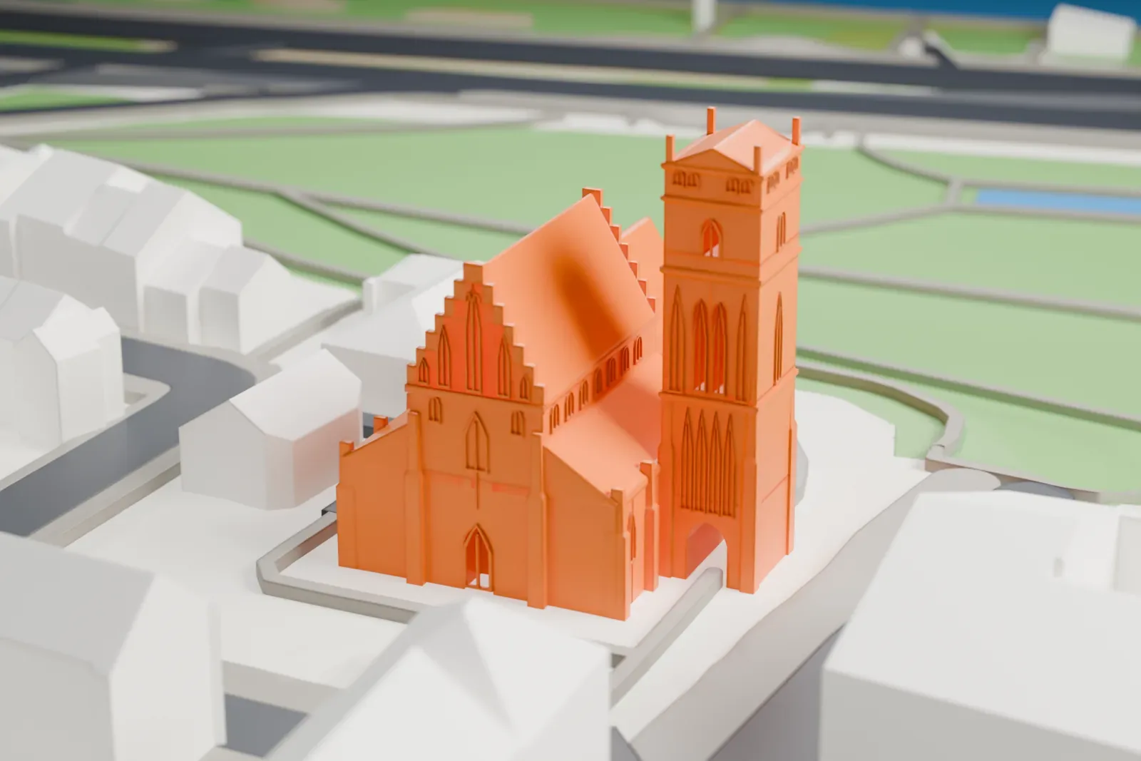 A white 3D print of the Church of the Visitation of the Blessed Virgin Mary among the surrounding streets and buildings of Warsaw.