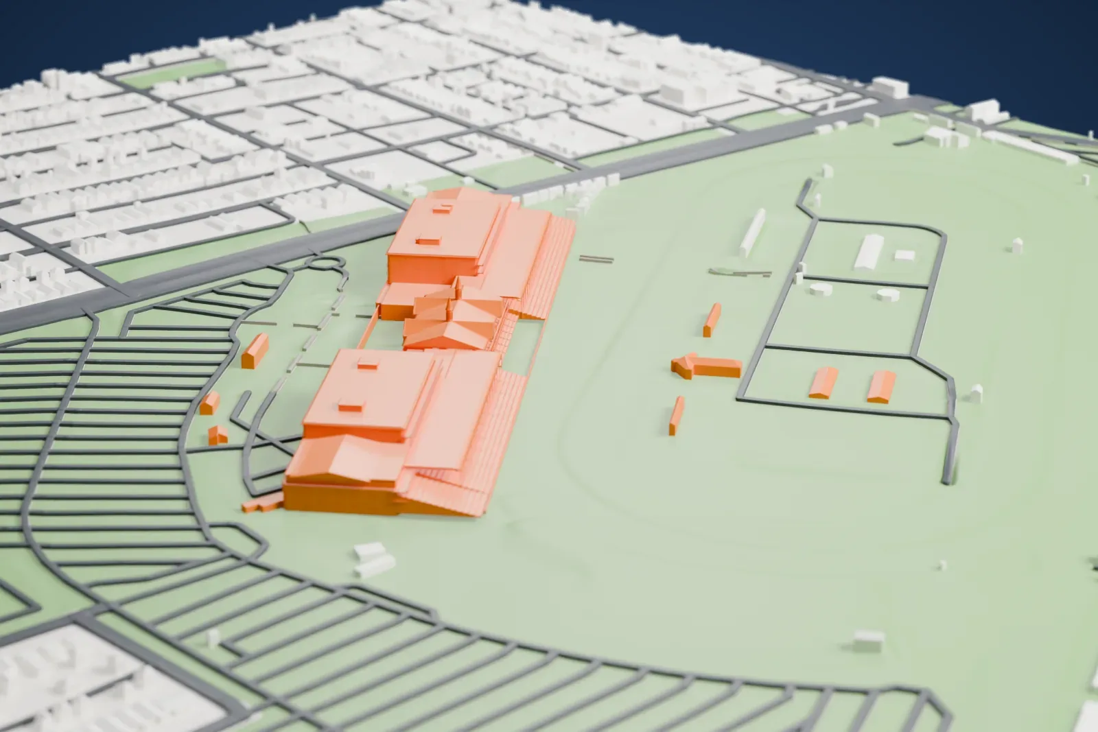 A white 3D print of Churchill Downs, a long grandstand with stepped seating wings and small spires at its center, beside a wide green oval track and infield, with roads and neighborhoods around it.