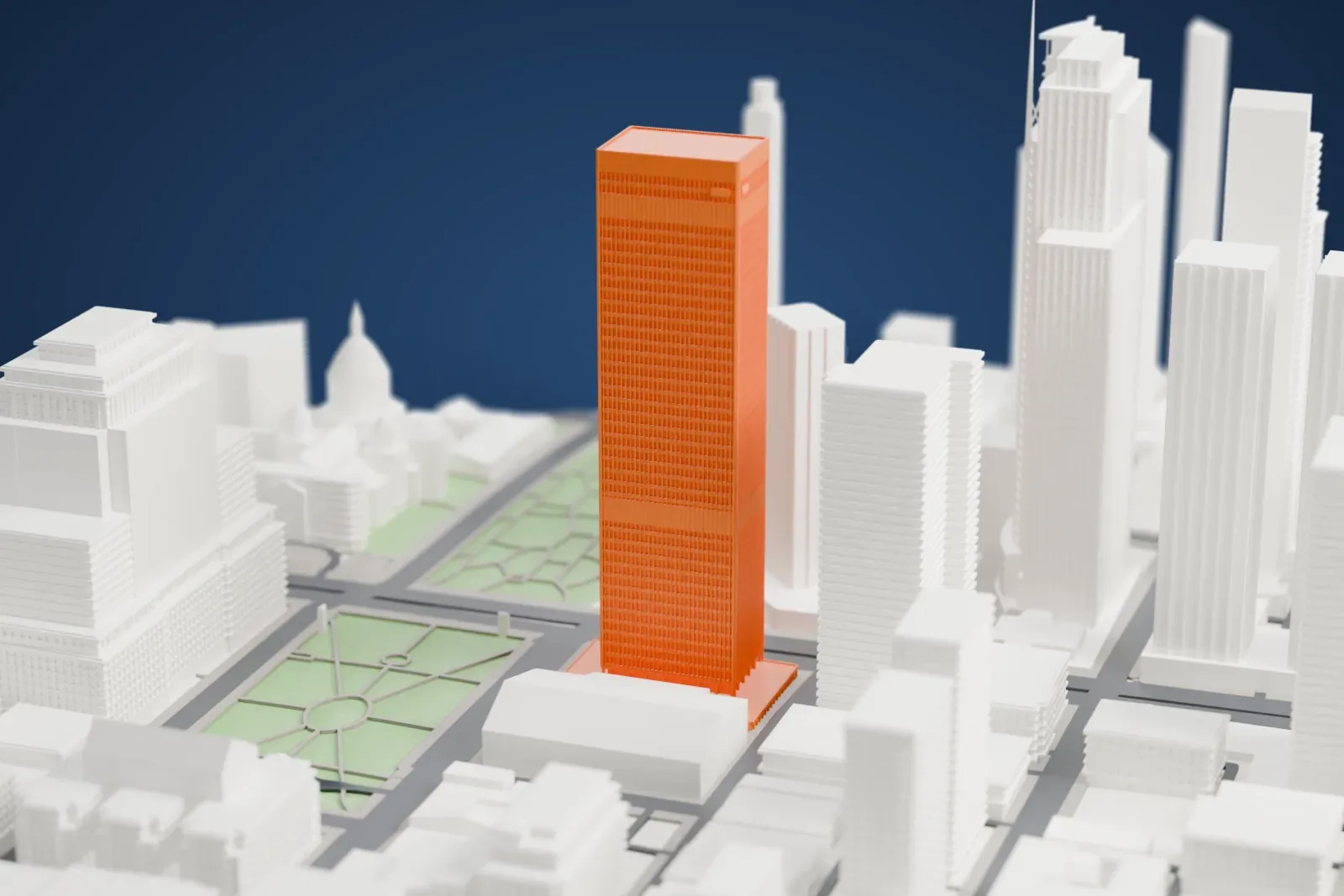 A white 3D print of the CIBC Tower, a tall slender office tower, among surrounding streets and buildings.