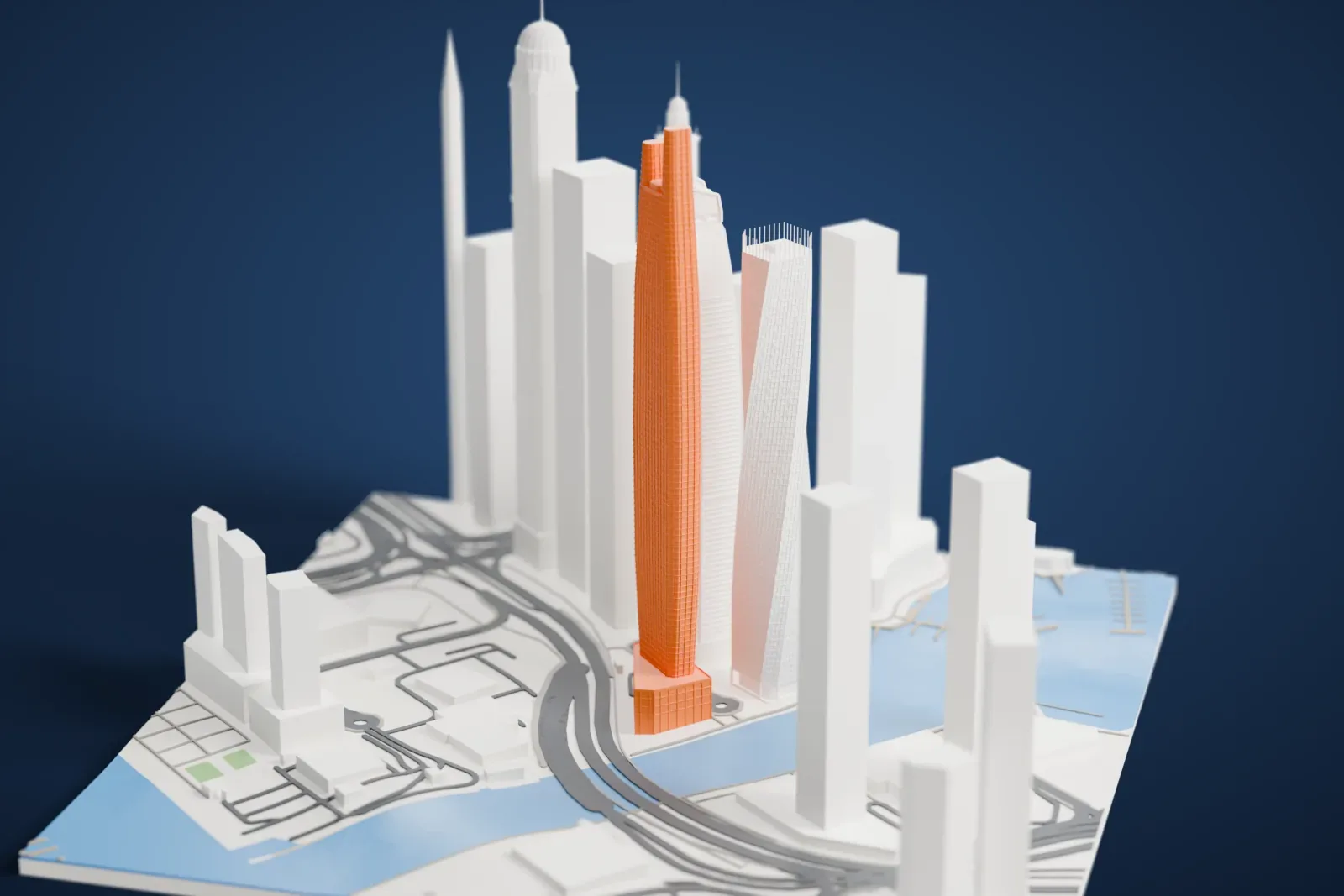 A white 3D print of Ciel Dubai Marina, a tall tapered hotel tower with recesses near the top, among the surrounding streets and buildings.