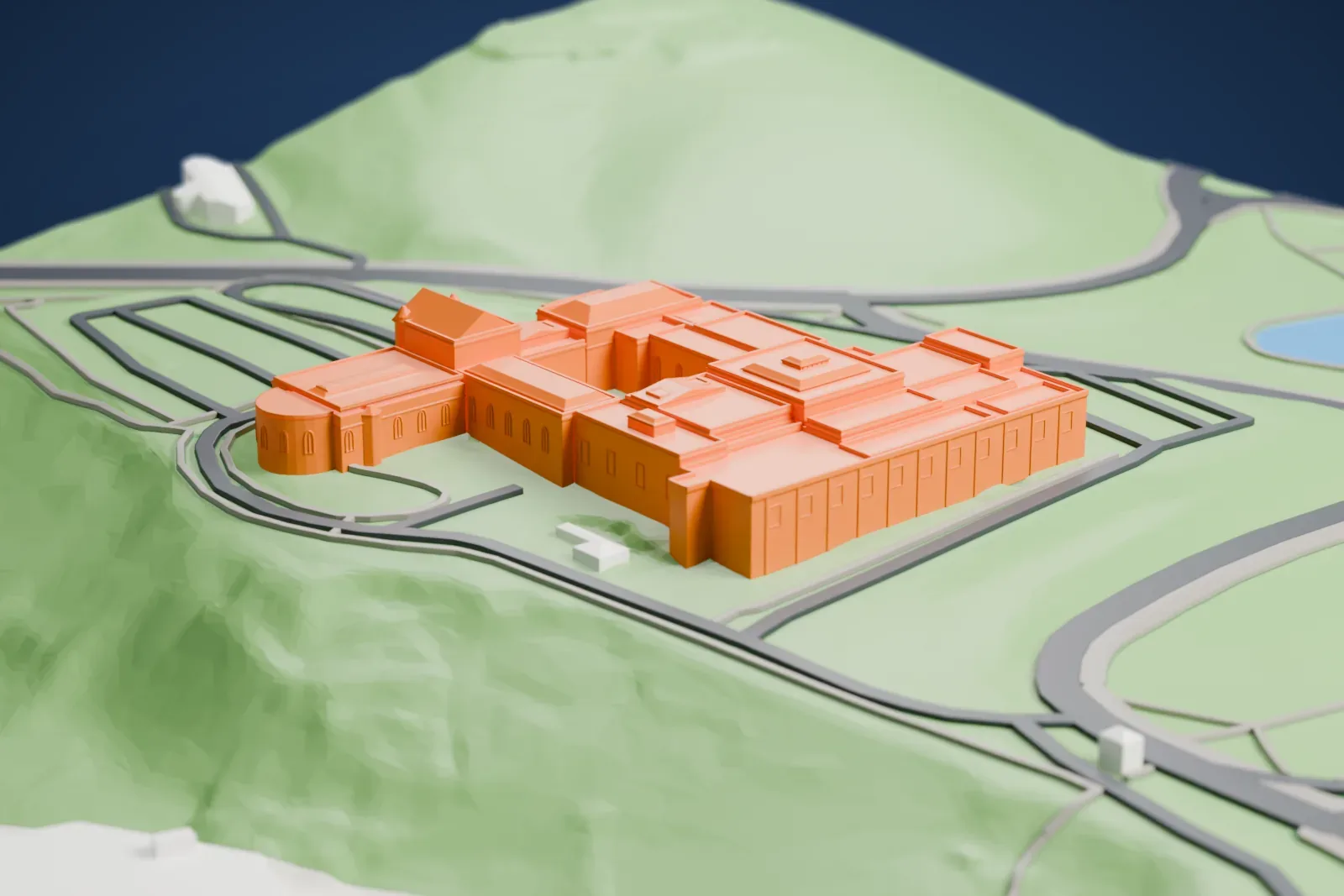 A white 3D print of the Cincinnati Art Museum among the surrounding streets and buildings.