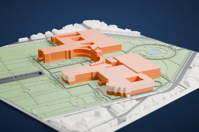 A white 3D print of the Cinquantenaire Arch, a triple arch with a statue group on top and two curved colonnades, set in a large park with paths and low buildings around it.