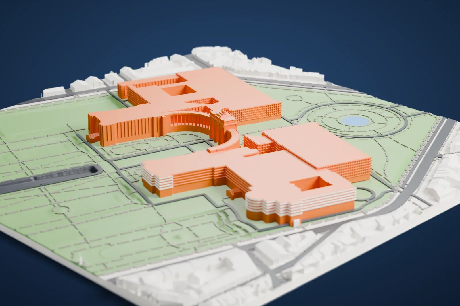 A white 3D print of the Cinquantenaire Arch, a triple arch with a statue group on top and two curved colonnades, set in a large park with paths and low buildings around it.