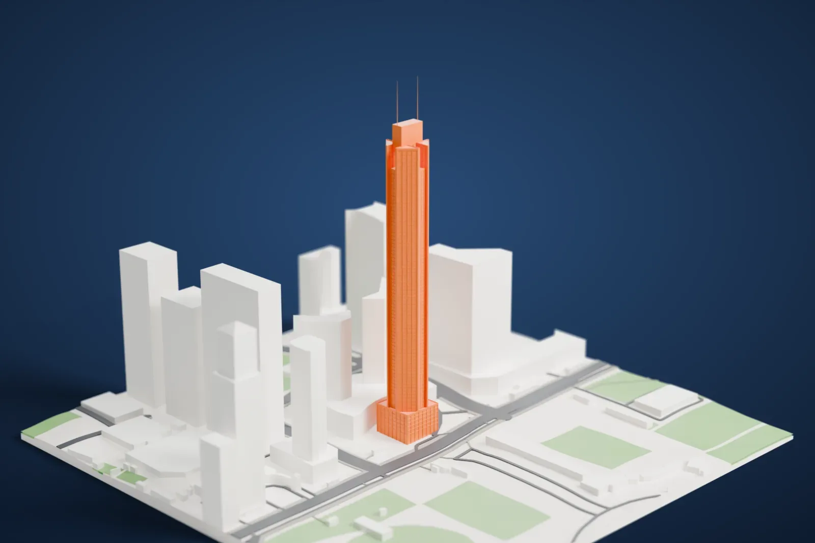 A white 3D print of CITIC Plaza in Guangzhou, with the surrounding tall buildings and streets.