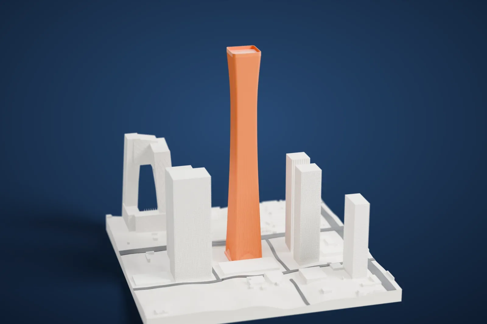 A white 3D print of the CITIC Tower rising above neighboring high-rises, smaller buildings, and a grid of streets.