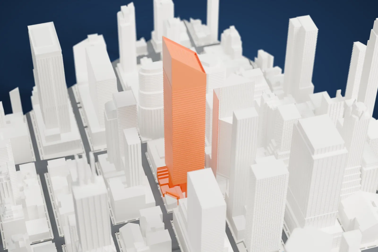 A white 3D print of the Citigroup Center, a tall tower with a sloped, gridded roof, surrounded by closely packed skyscrapers.