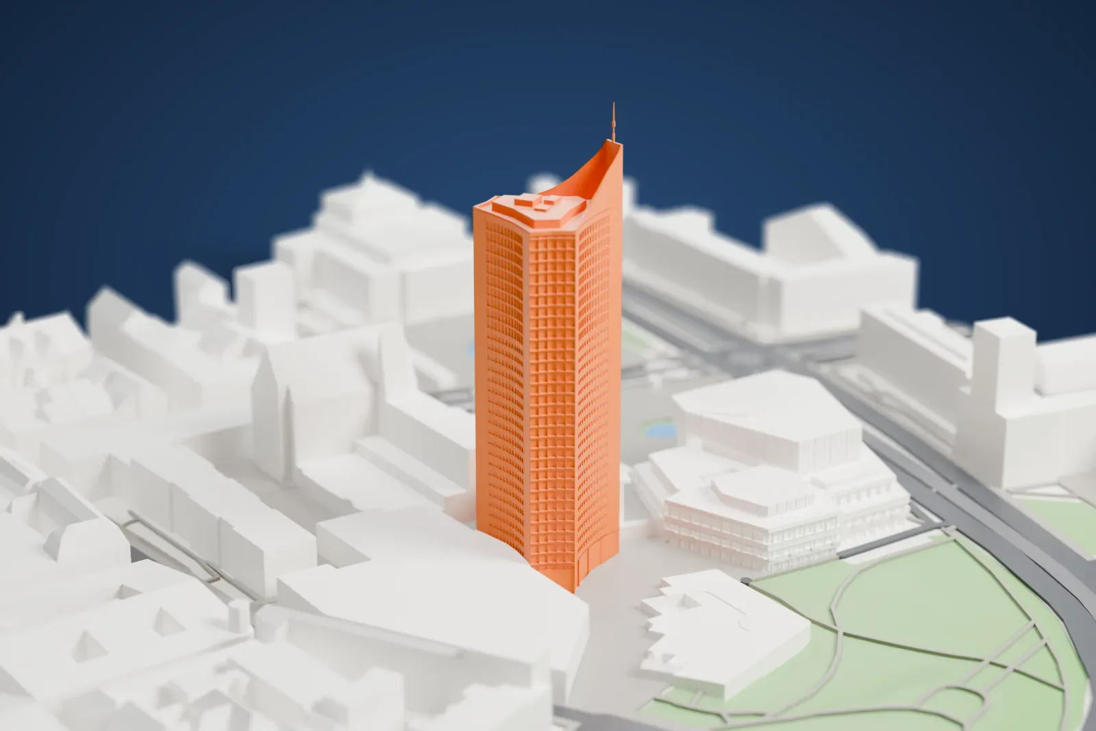 A white 3D print of the City-Hochhaus Leipzig rising above the surrounding city buildings.