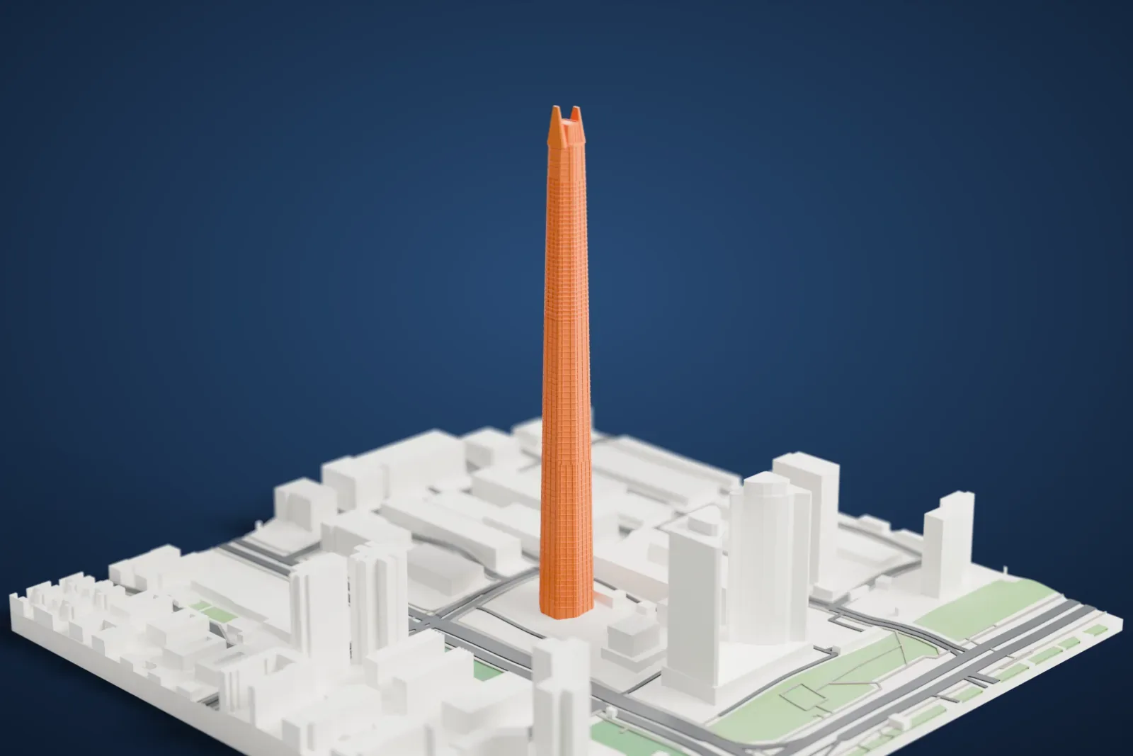 A white 3D print of Citymark Center, a supertall tower with a broad base, among the surrounding streets and buildings of Shenzhen.