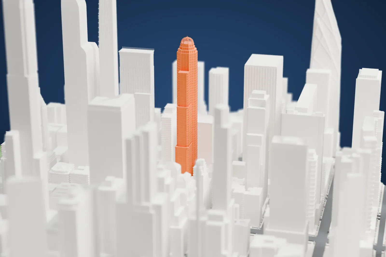 A white 3D print of CitySpire, a slender tapering tower with stepped setbacks and a domed top, rising among many other skyscrapers.