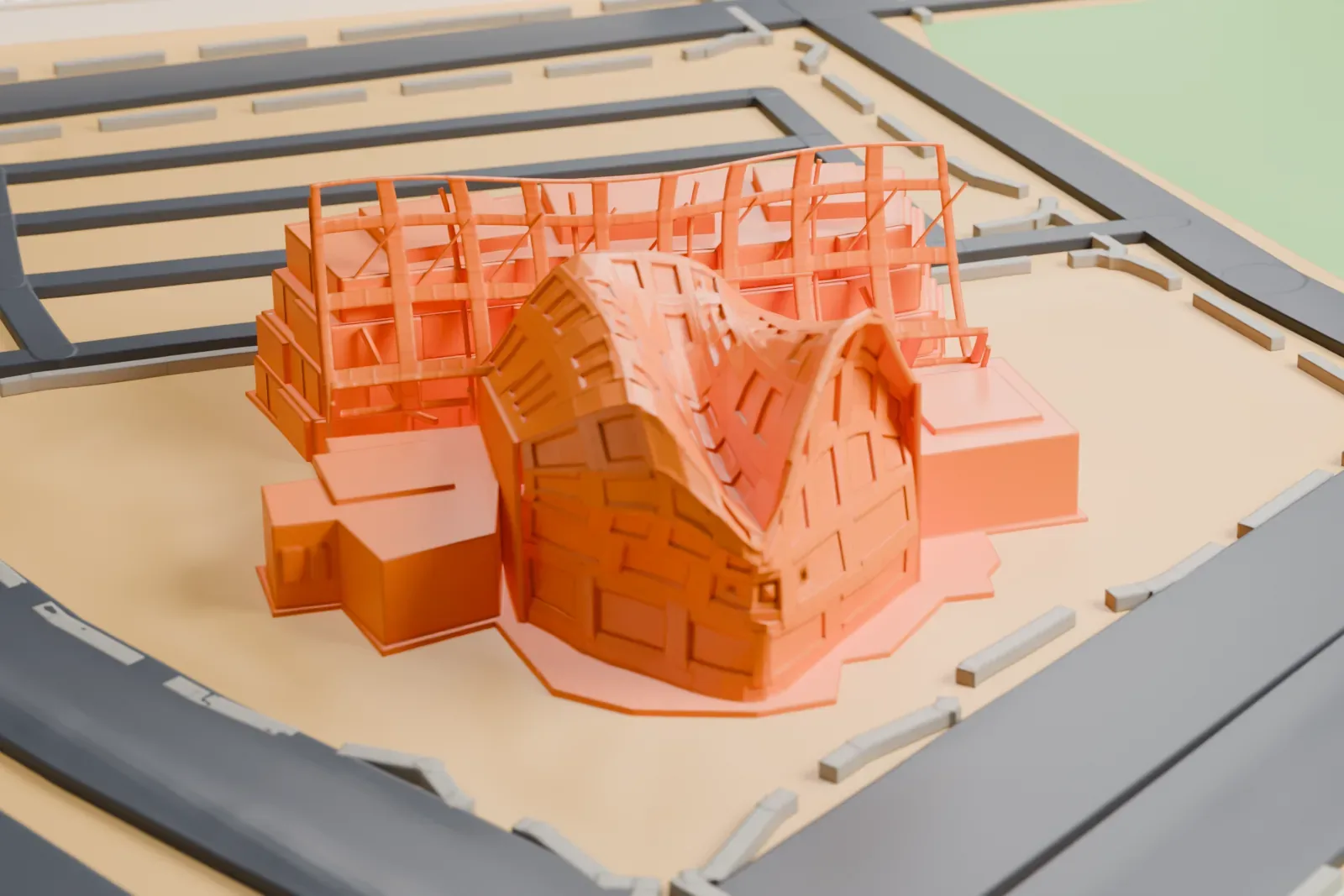 A white 3D print of the Cleveland Clinic Lou Ruvo Center for Brain Health, a sculptural building of stacked blocks and curved frames, set on a lot among wide roads and open land.