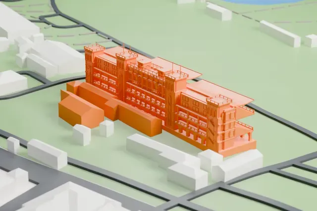 A white 3D print of the Club Hípico de Santiago Western Grandstand model in Santiago, with the streets around it.