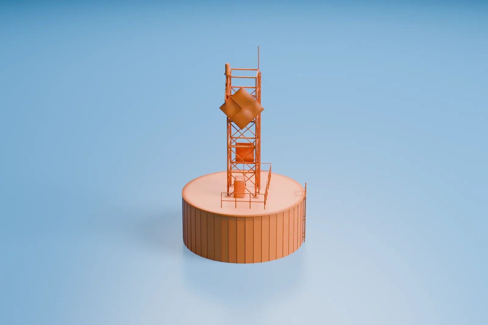 A white 3D print of Cold Spring Harbor Light, a slim open-frame tower with railings on a round caisson, standing alone in open water.