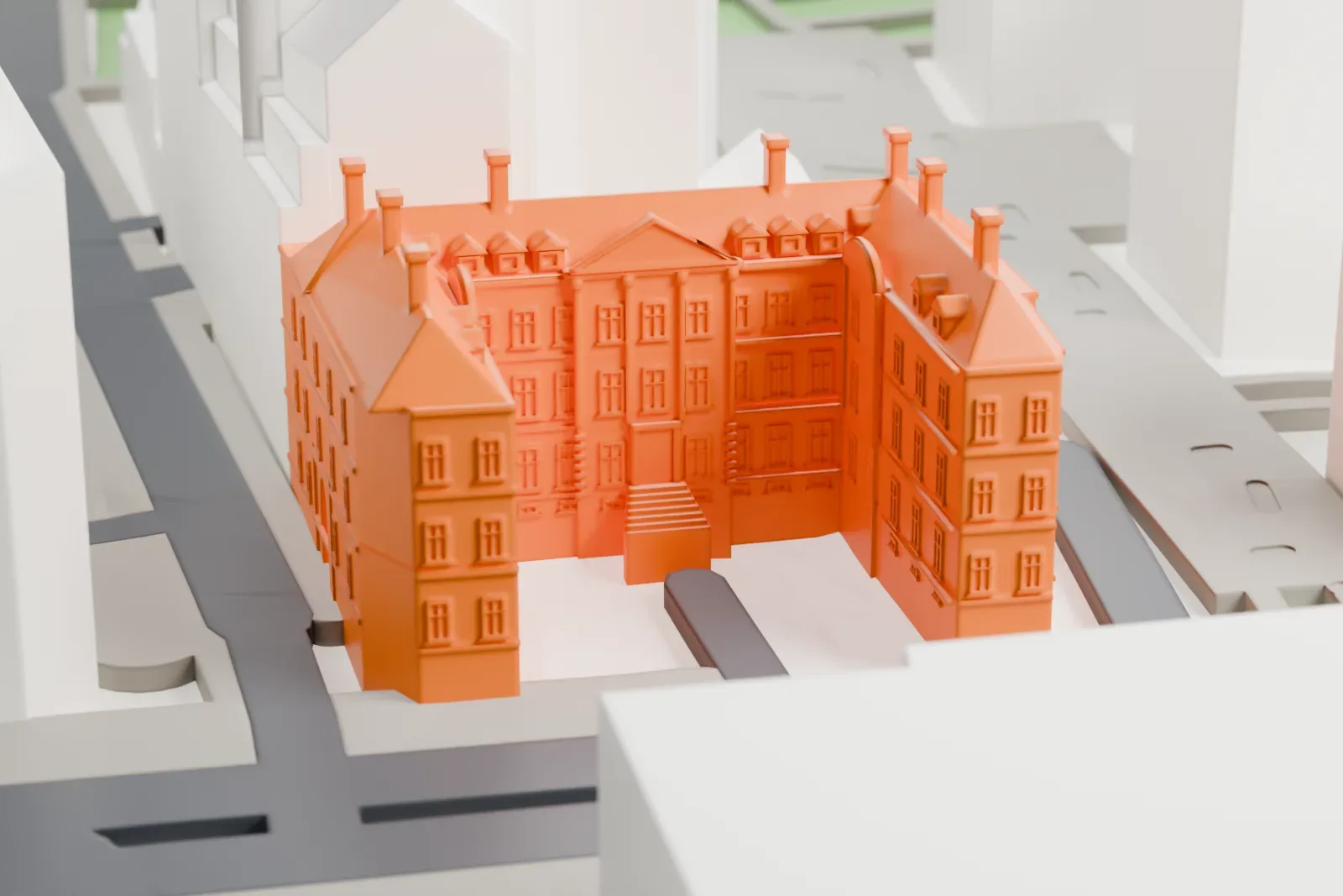 A white 3D print of the College of Arms, a low city building, among the surrounding streets and buildings of the City of London.