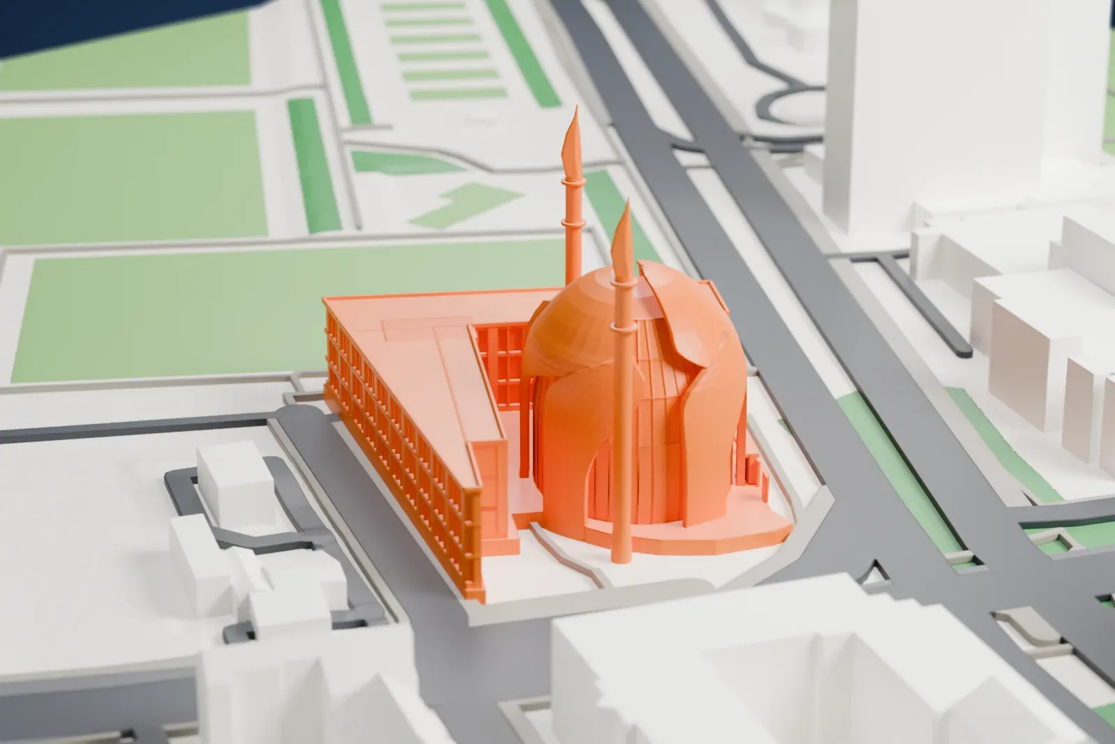 A white 3D print of the Cologne Central Mosque in its Ehrenfeld neighborhood, with the surrounding streets and buildings.