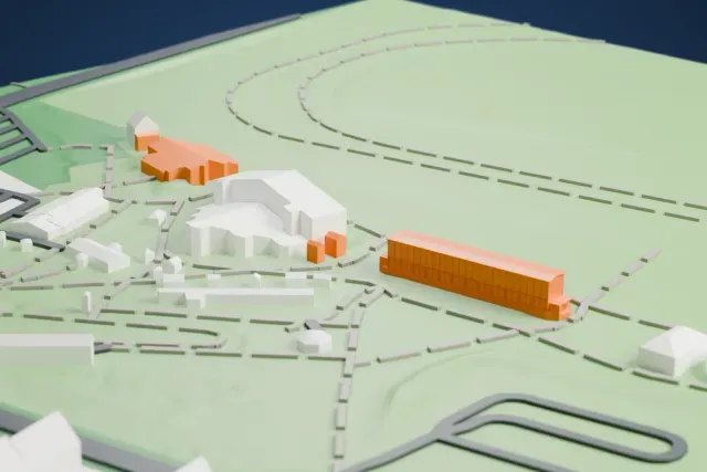 A white 3D print of the Tribune II, Cologne-Weidenpesch Racecourse model in Cologne, with the streets around it.