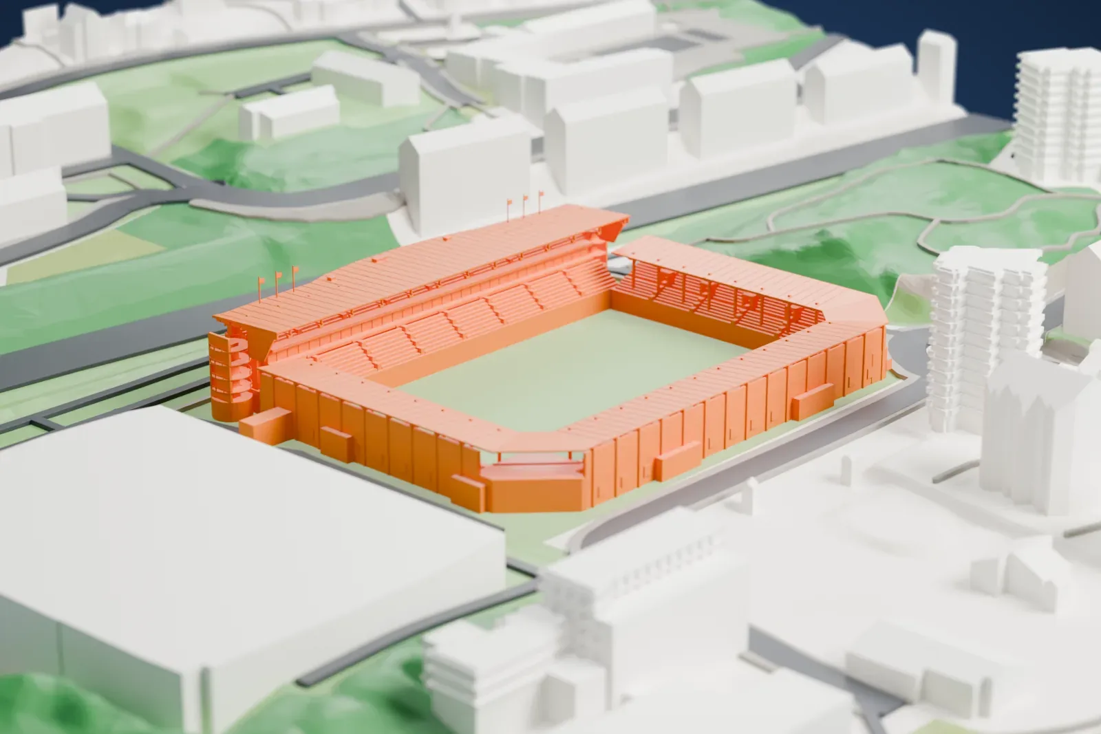 A white 3D print of Color Line Stadion, showing its open football bowl, bowed main stand and low roof canopies, among the surrounding streets and buildings.