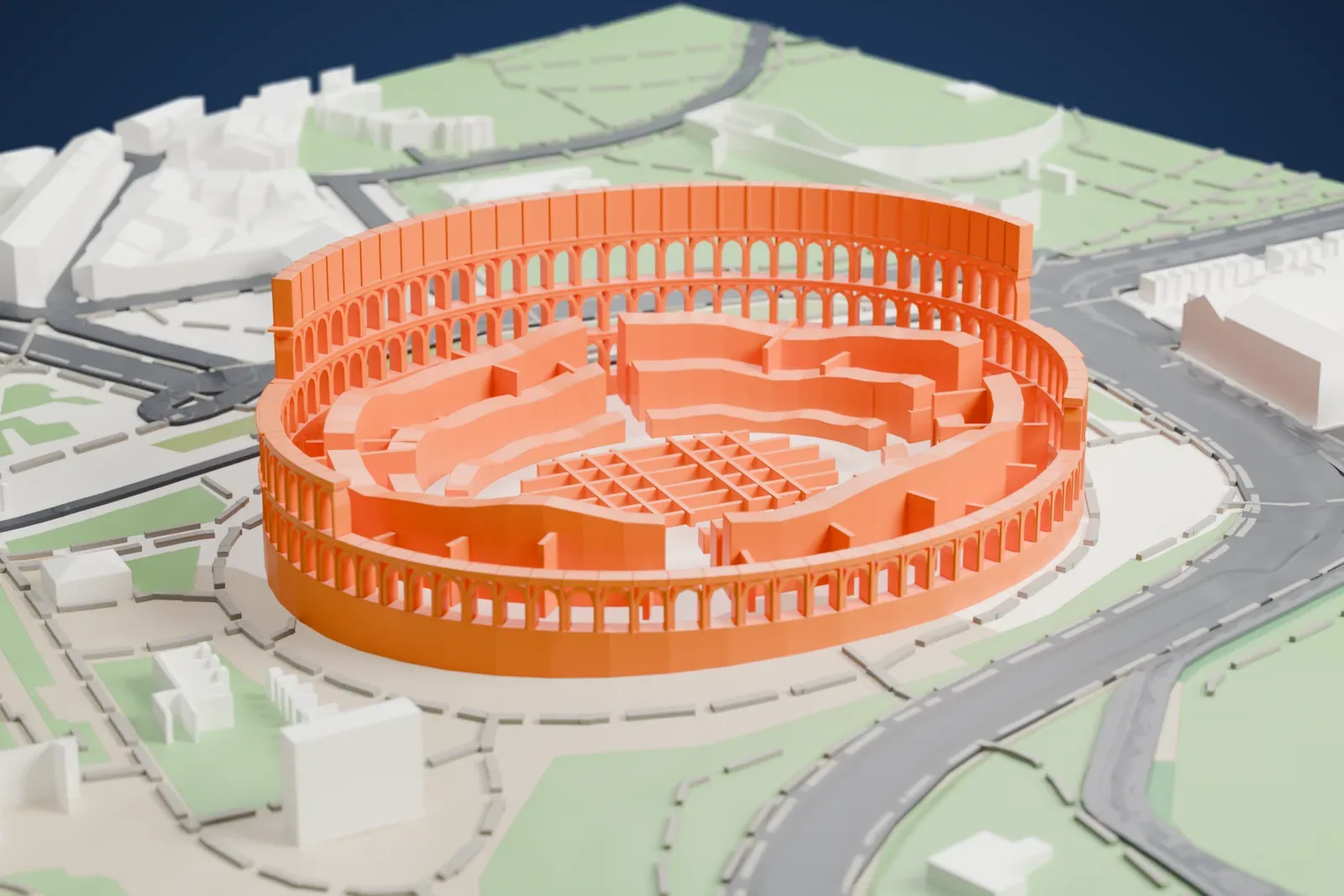 A white 3D print of the Colosseum, an oval ring of arched outer walls with seating tiers and a gridded arena floor inside, surrounded by streets, parks and low buildings.