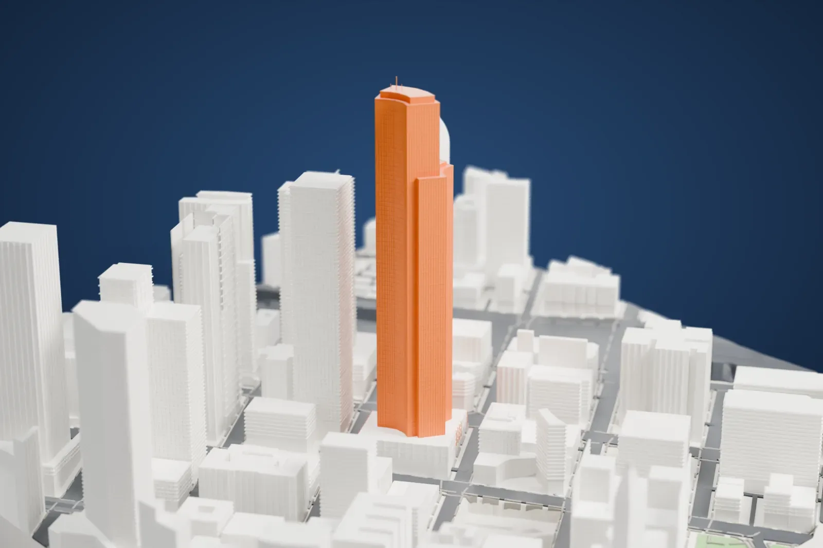 A white 3D print of Columbia Center, a very tall tower whose three curved faces step back like side-by-side towers, rising above other tall buildings and city streets.