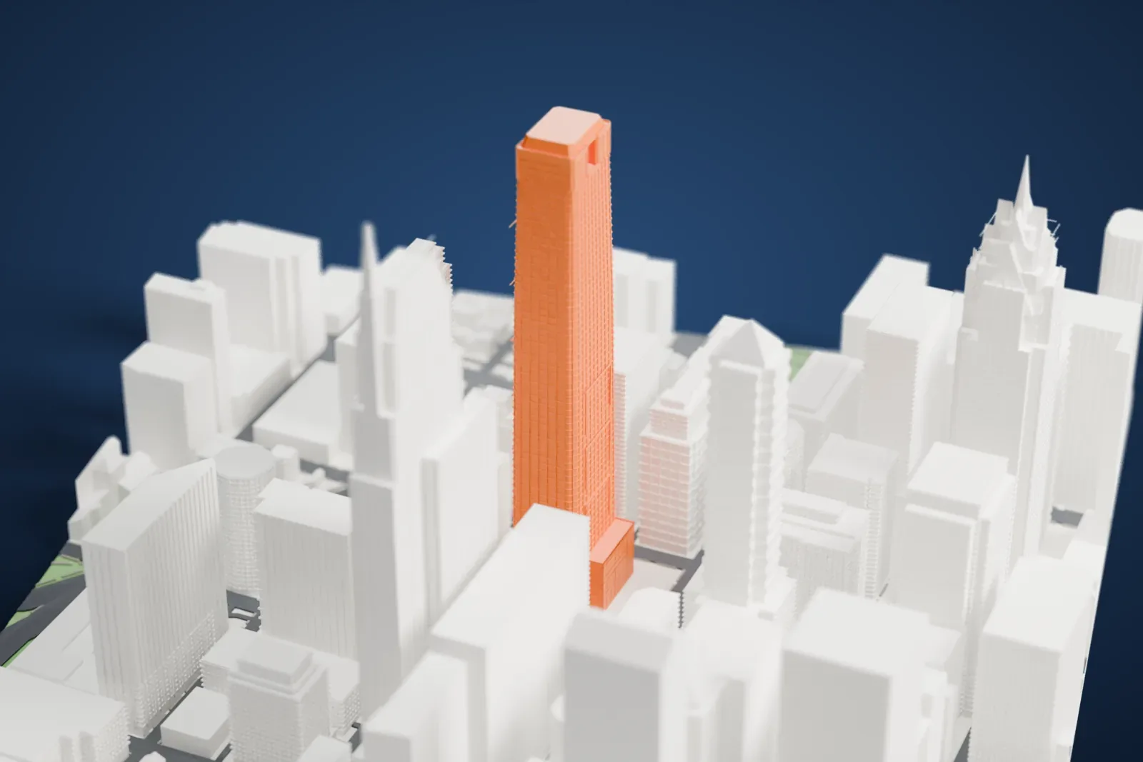 A white 3D print of the Comcast Center, a tall, slightly tapering tower with a flat top, standing among other skyscrapers.