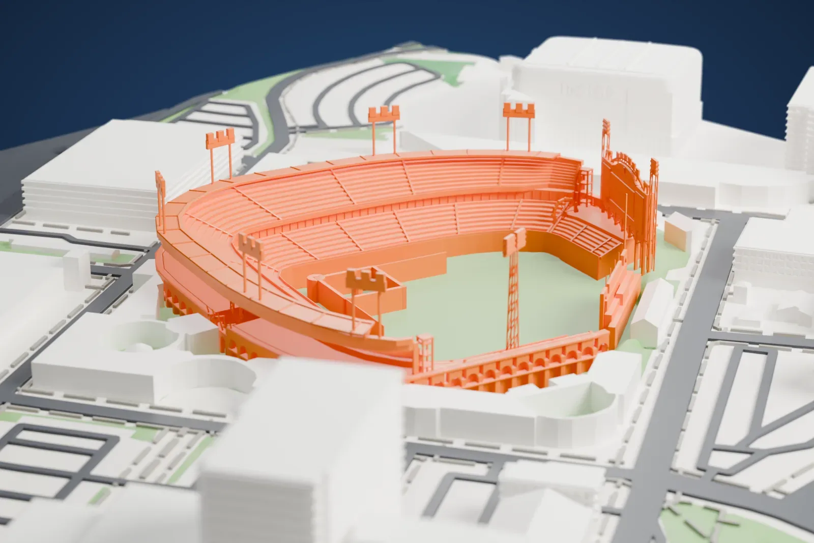 A white 3D print of Comerica Park, a horseshoe-shaped baseball grandstand around a diamond, with a large scoreboard and light towers in left field and a fountain behind center field, among city buildings.