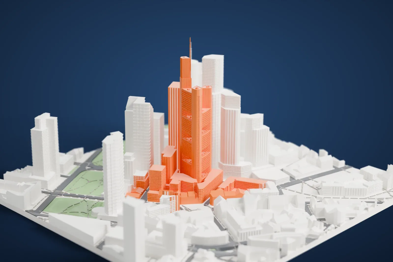A white 3D print of Commerzbank Tower, a tall tower with rounded corners, open bands at several levels and a thin antenna spire, rising among other skyscrapers.