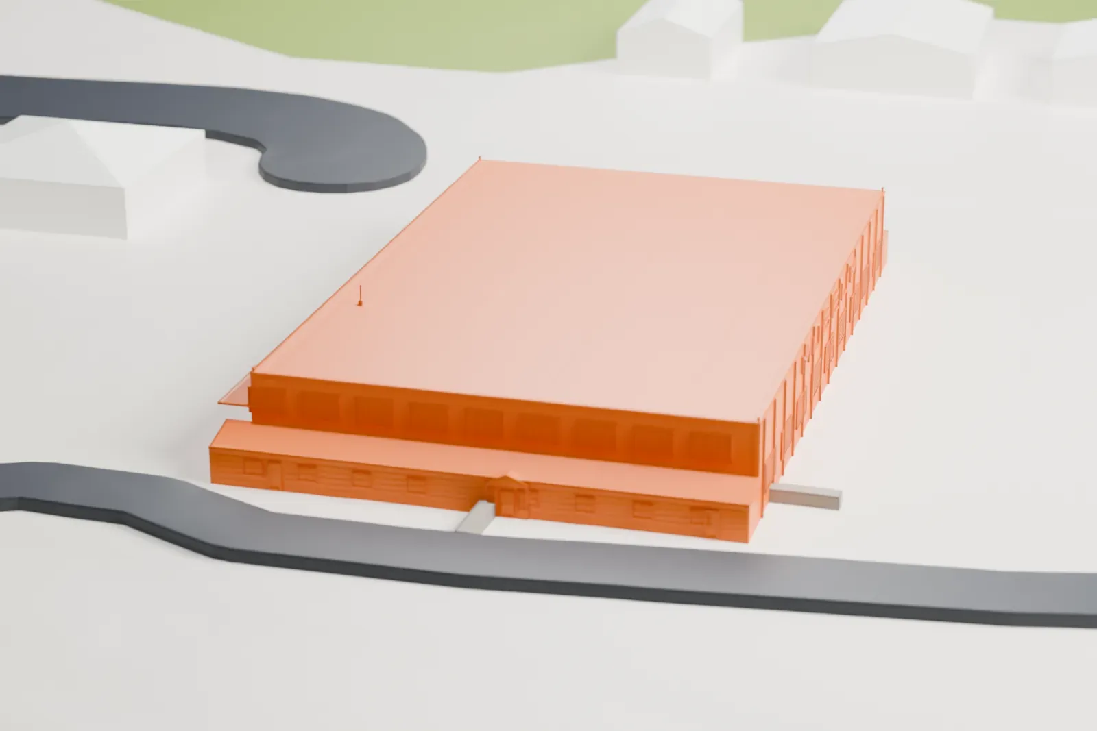 A white 3D print of the Commonwealth Air Training Plan Museum, a large flat-roofed hangar with a lower rim of attached rooms, on open airport ground with roads and small buildings.