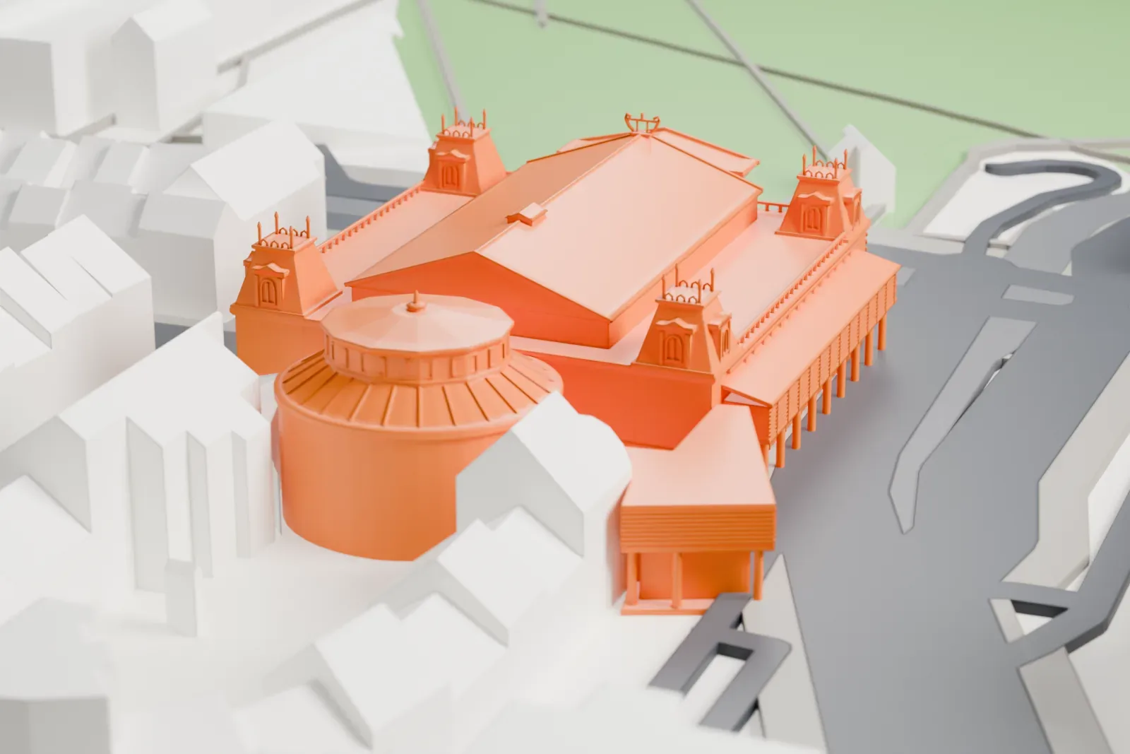 A white 3D print of the Royal Concertgebouw among the streets and buildings of Amsterdam.