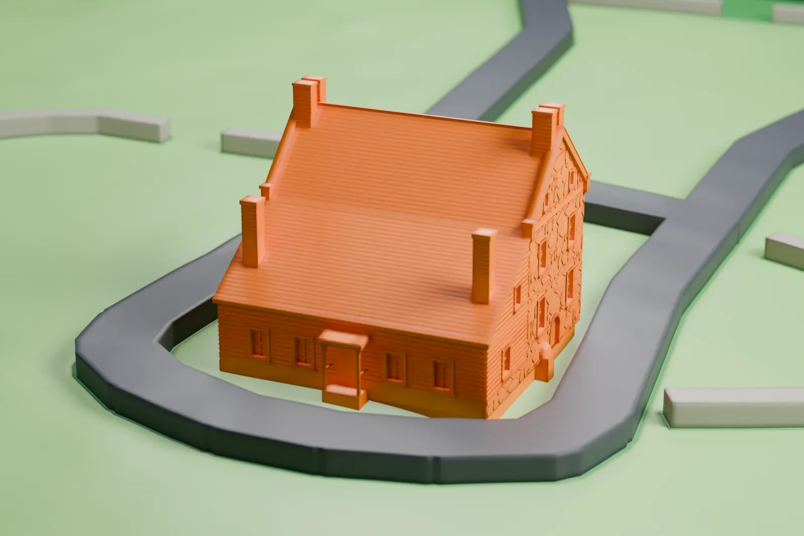 A white 3D print of Conference House, a stone house with a steep roof and tall chimneys, standing on open parkland with a curving road around it.