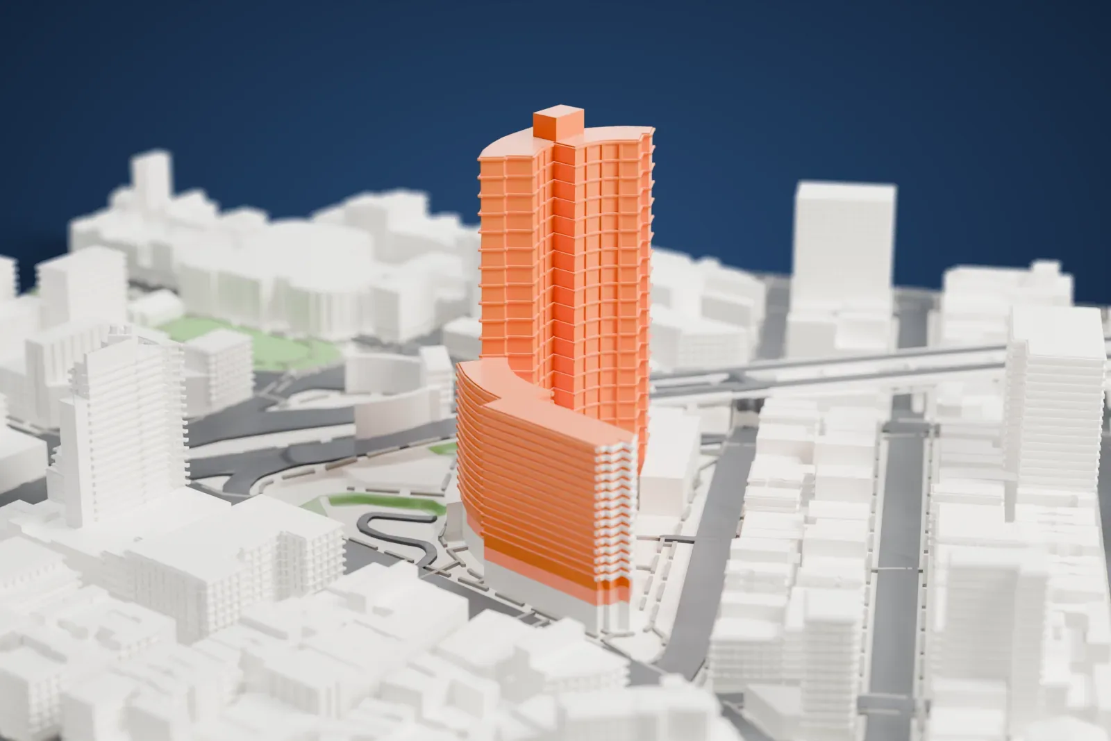 A white 3D print of Confucius Plaza, two curved towers of different heights rising from a shared low base among dense low-rise blocks and roadways.