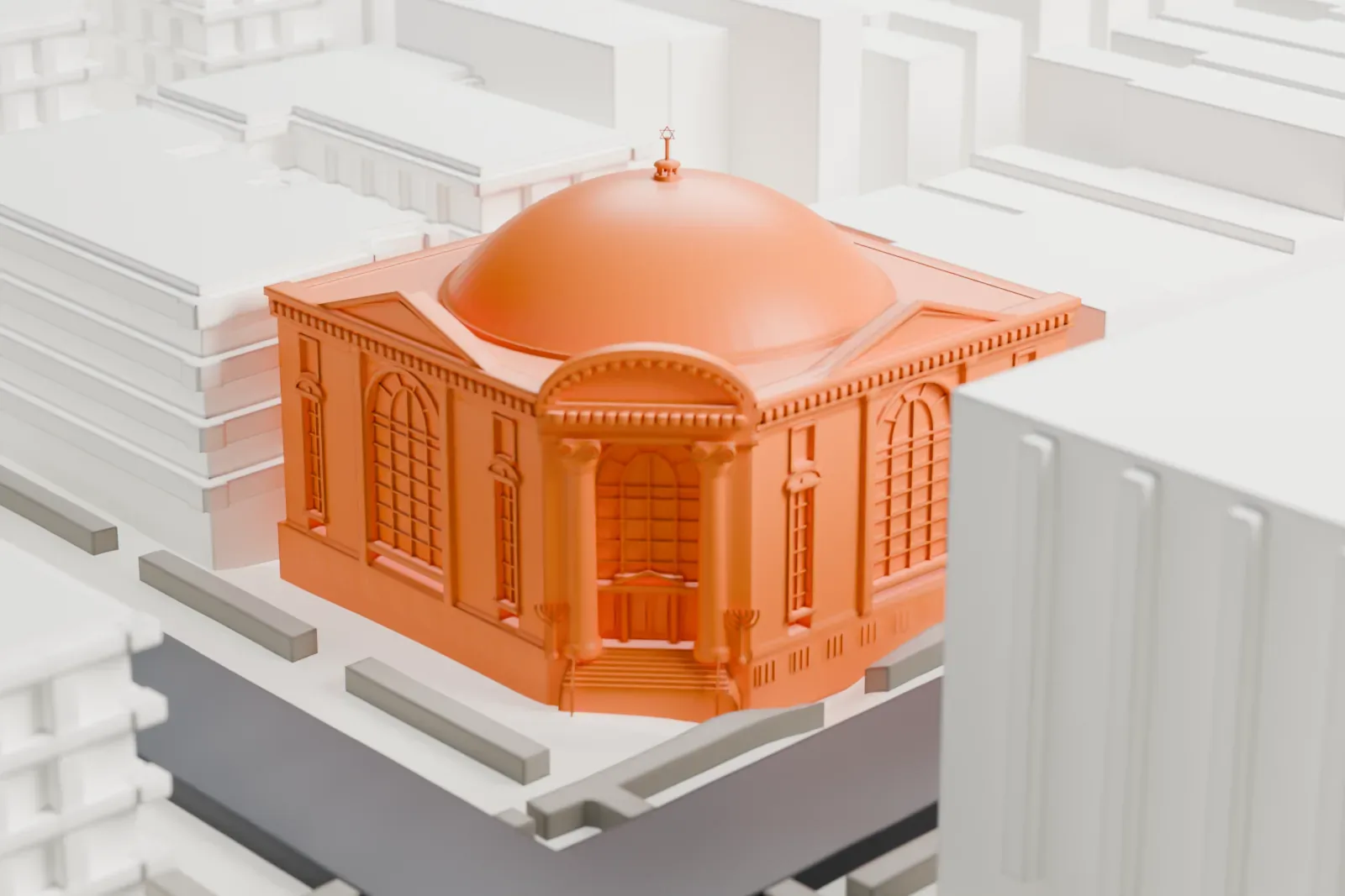 A white 3D print of Congregation Beth Elohim, a square synagogue with a broad dome and a columned entrance porch, surrounded by mid-rise buildings.