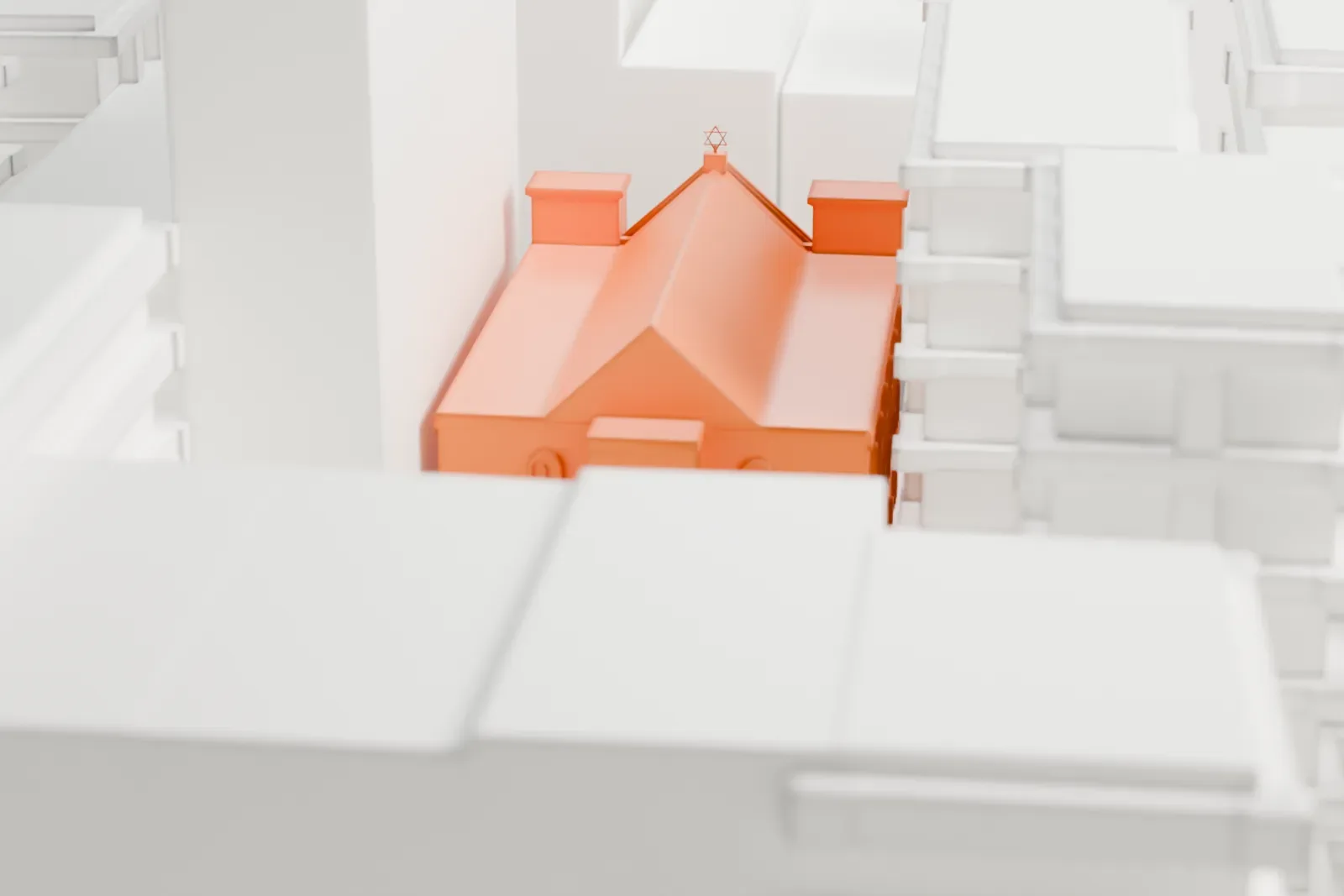 A white 3D print of Congregation Chasam Sopher, a narrow, low building squeezed between taller buildings on a dense city block.