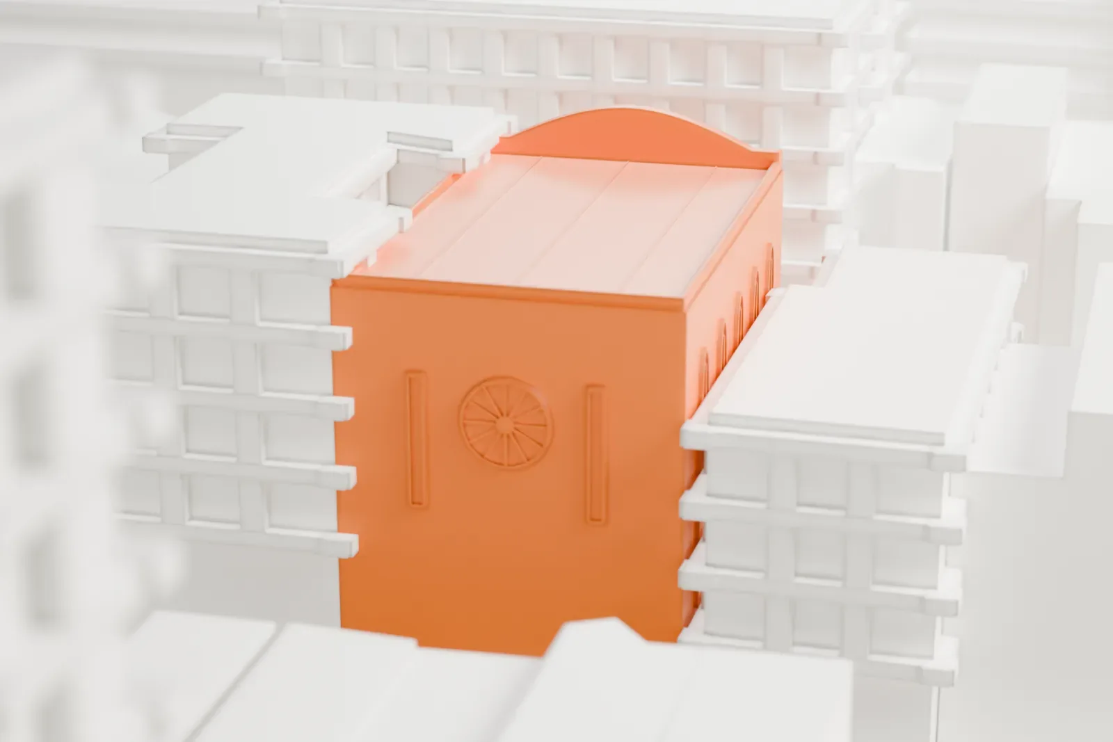 A white 3D print of Congregation Ohab Zedek, a long synagogue with a rounded roofline, a large round window and arched side windows, packed in among taller buildings.