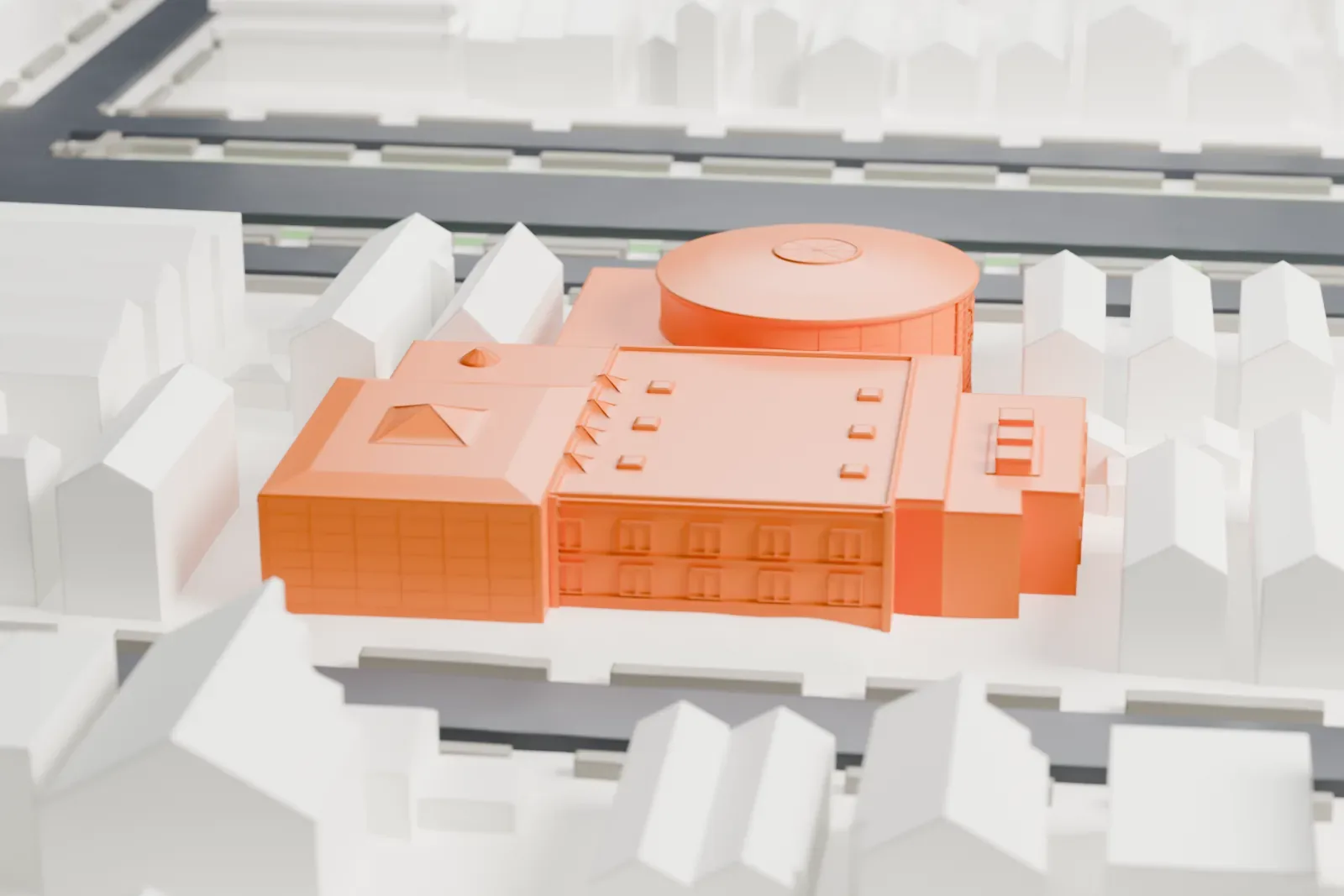 A white 3D print of Congregation Shaare Zion, a low building with a round, drum-shaped sanctuary, surrounded by rows of small gabled buildings and streets.