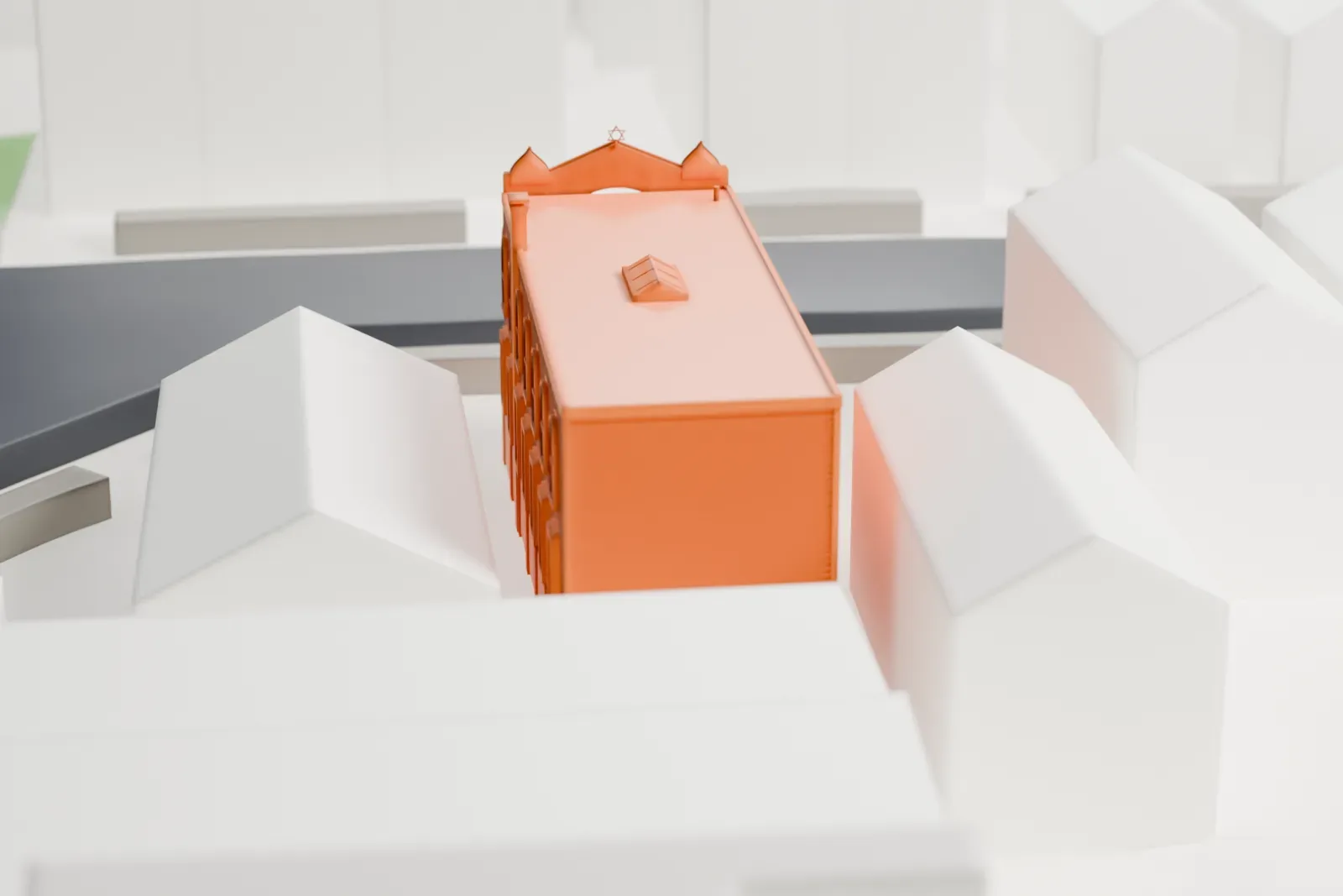 A white 3D print of Congregation Tifereth Israel, a narrow two-story building with a decorated gabled front and a stoop, squeezed between pitched-roof houses on a street corner.