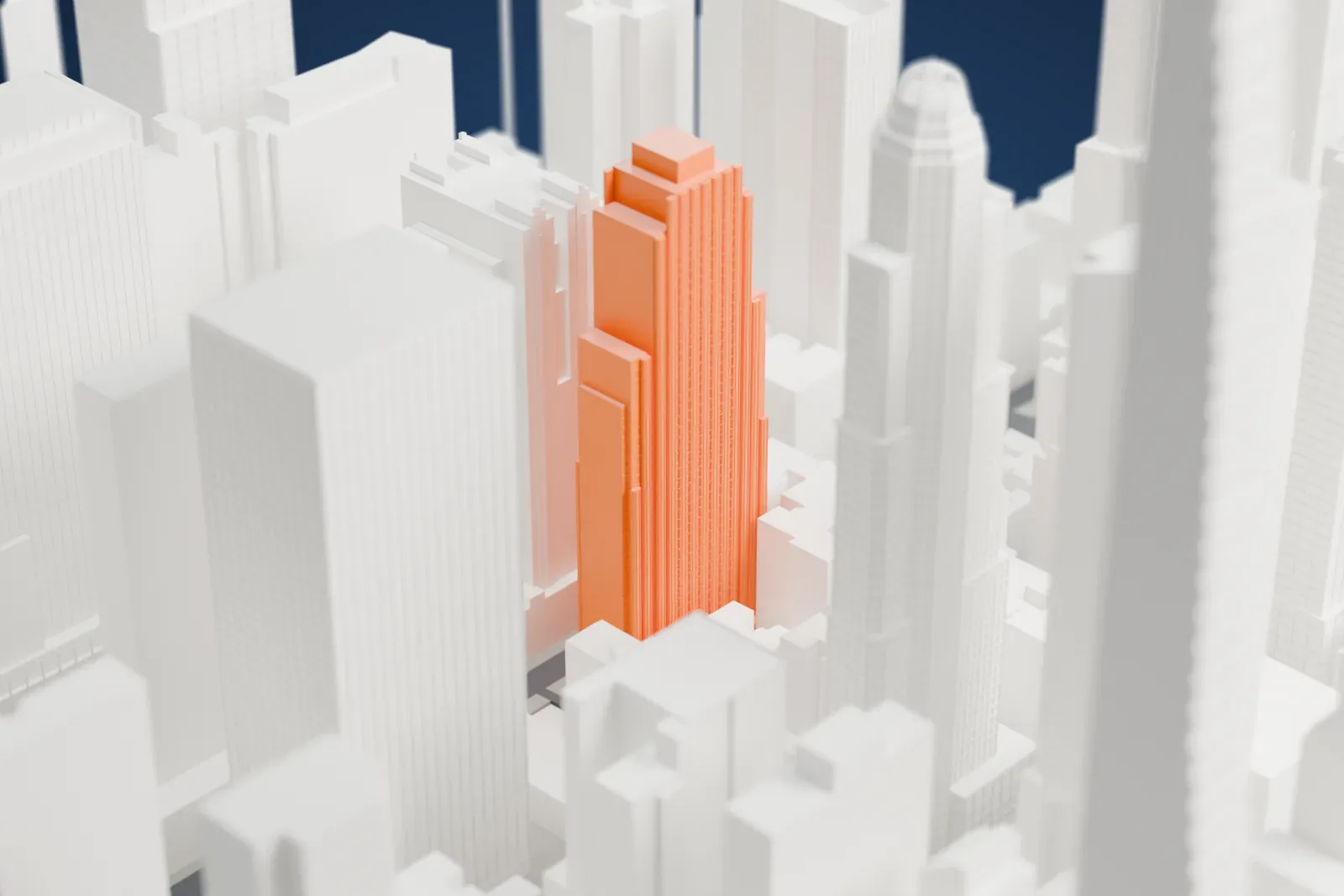 A white 3D print of Conrad New York Midtown among the surrounding streets and buildings of Manhattan.