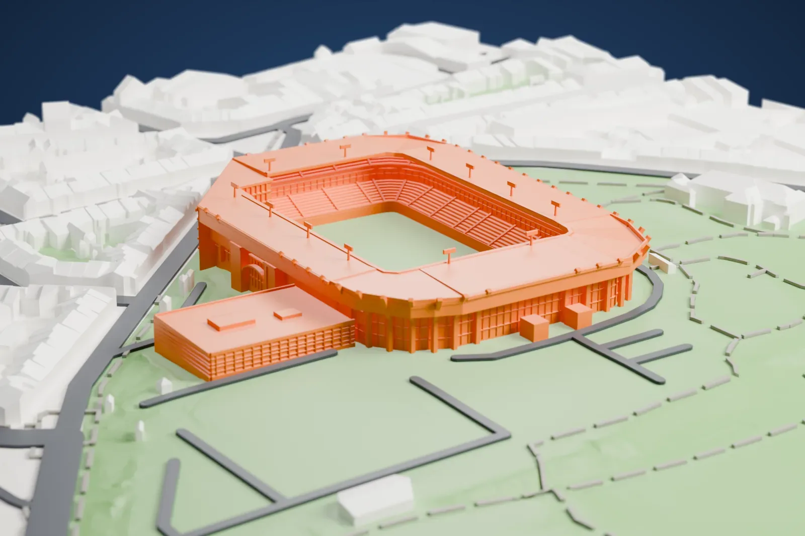 A white 3D print of the Constant Vanden Stock Stadium, a rectangular football ground with flat stand roofs, rounded corners and light banks above them, among city buildings.