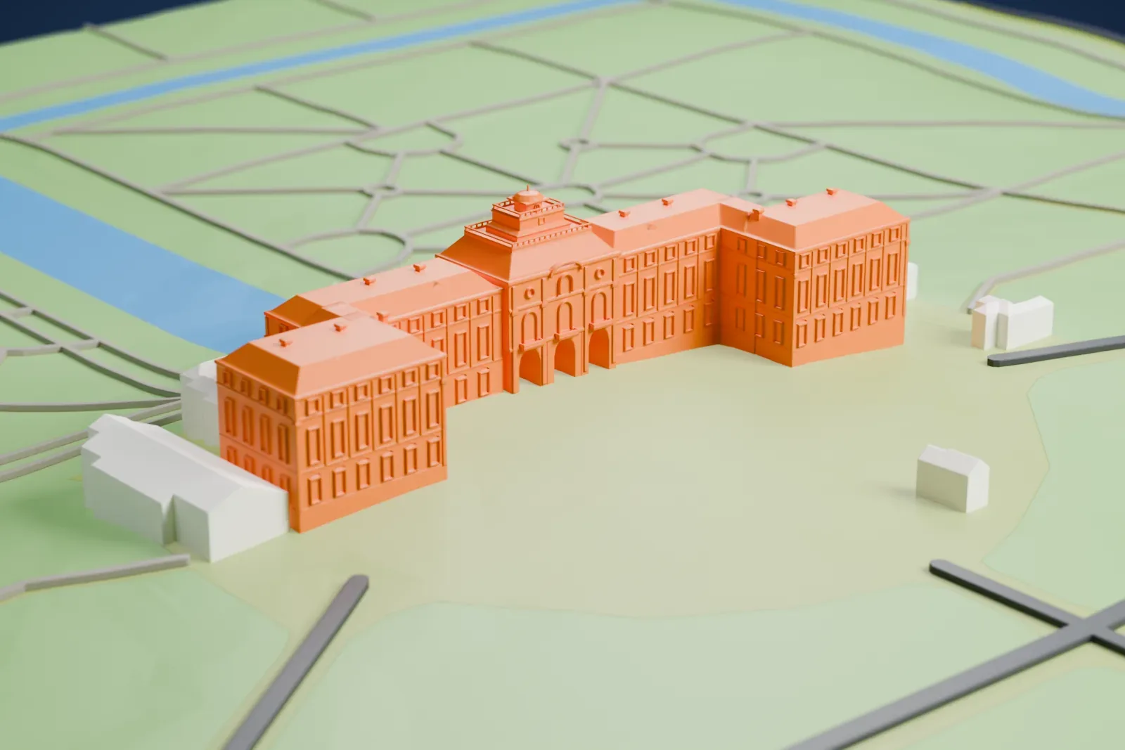A white 3D print of the Constantine Palace on its grounds at Strelna, with gardens and surrounding buildings.