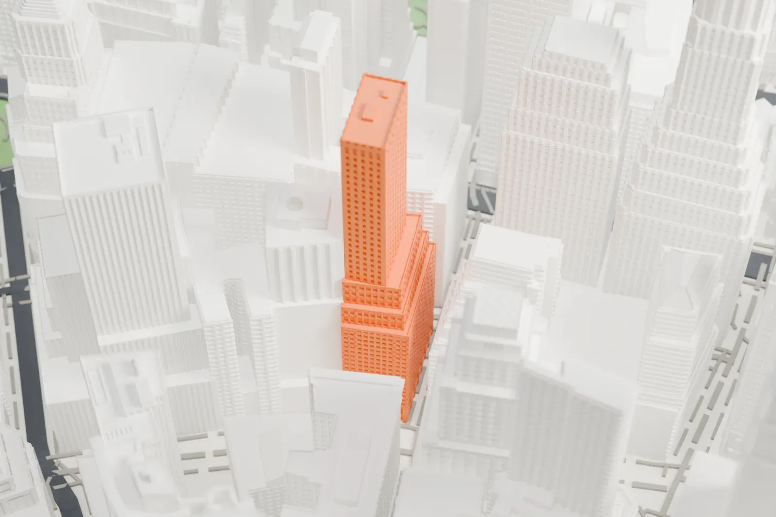 A white 3D print of the Continental Bank Building, a tall plain tower with a flat top, rising among other skyscrapers.