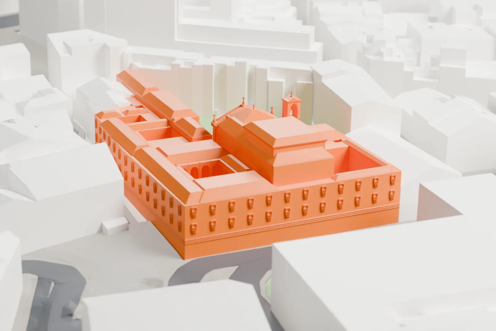 A white 3D print of the Convent of Las Descalzas Reales in Madrid, with its church facade and surrounding city buildings.