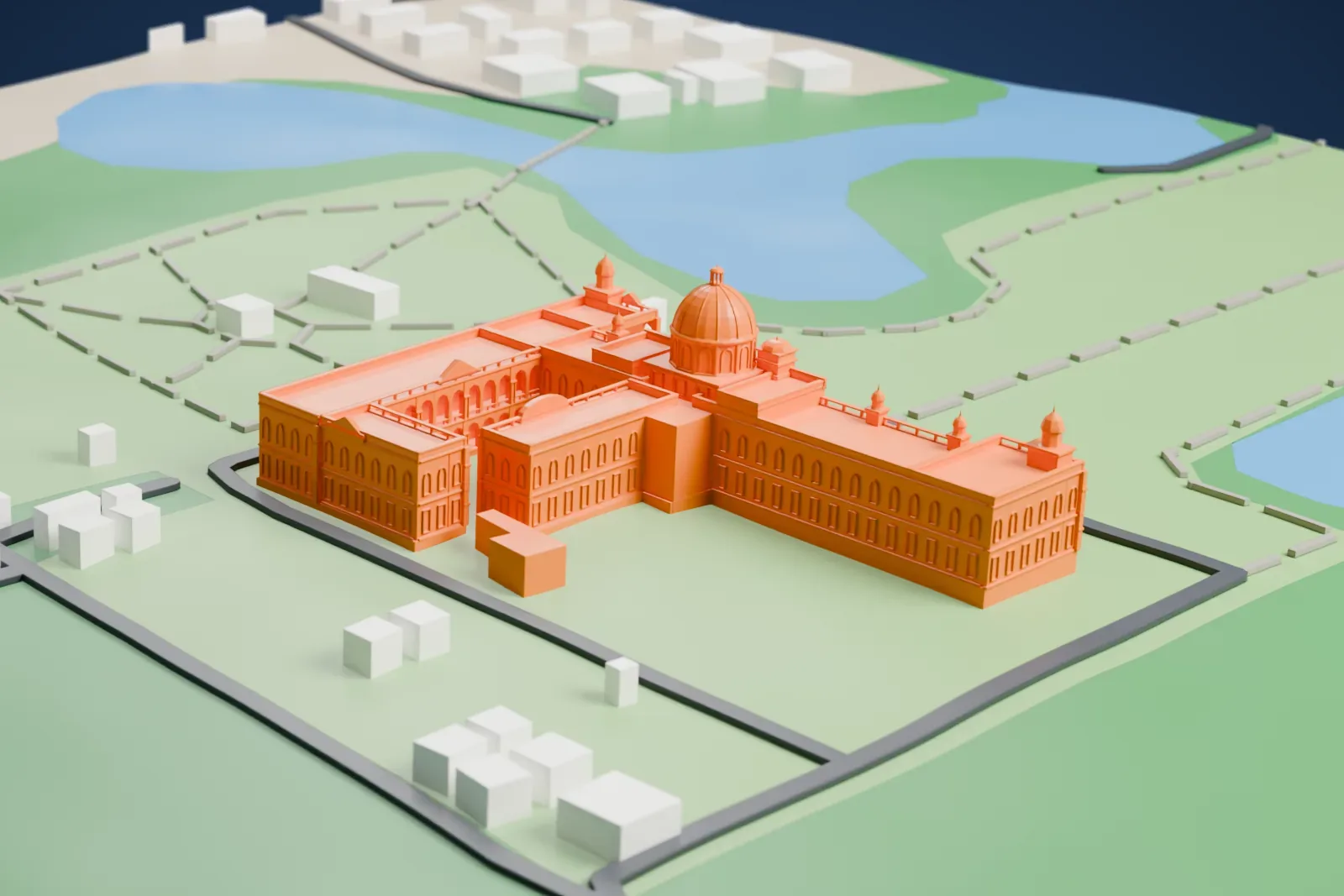 A white 3D print of Cooch Behar Palace, a long, low palace with a central dome and small domed turrets, set in open grounds with water nearby.