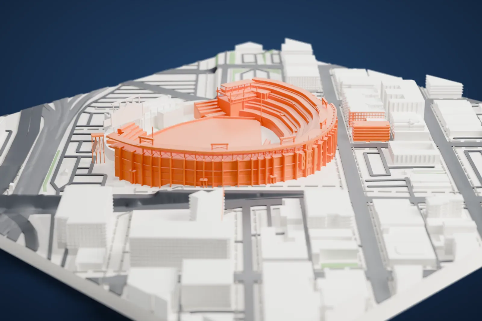 A white 3D print of Coors Field, a curved ballpark with tiered stands around a field and an open outfield side, surrounded by city blocks, streets and buildings.