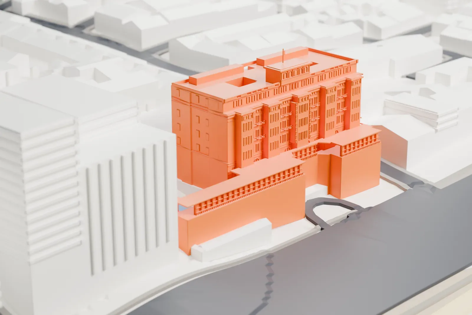 A white 3D print of the Copacabana Palace, with its stepped crown, balconies and low front terrace facing the surrounding streets and buildings.