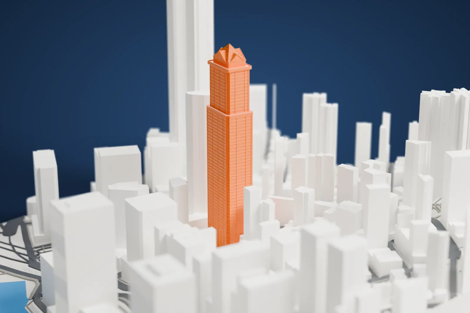 A white 3D print of the COSCO Tower among the surrounding buildings of the Grand Millennium Plaza in Hong Kong.