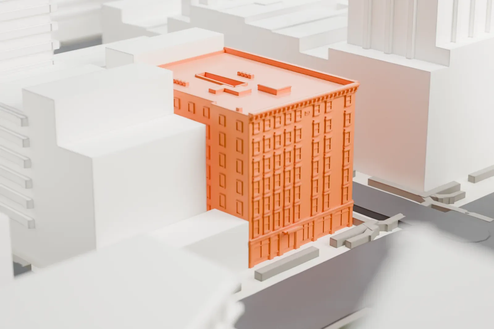 A white 3D print of the Cosmopolitan Hotel Tribeca, a mid-rise building among much taller towers and dense city blocks.