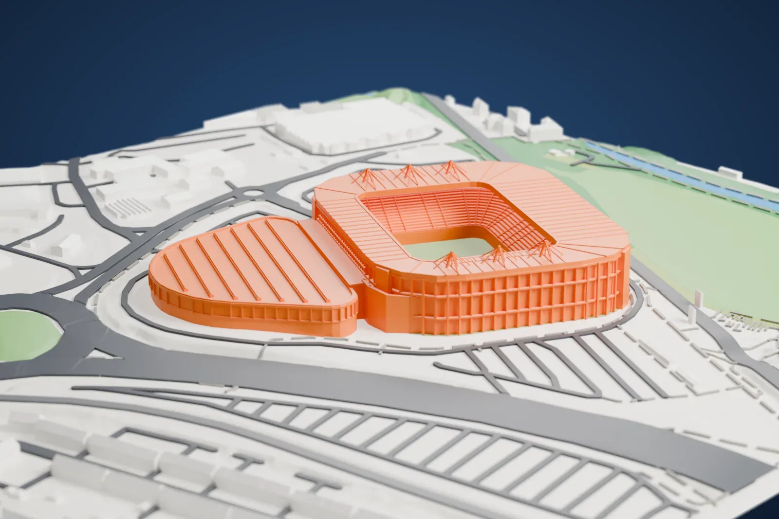 A white 3D print of the Coventry Building Society Arena, a box-shaped stadium with a flat roof all round and A-frame masts above its ends, with a rounded hall beside it among city buildings.