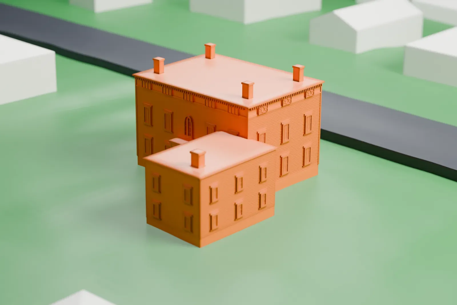 A white 3D print of the Crane House, a two-story house with a smaller attached wing and chimneys, on an open lawn with a few neighboring buildings.